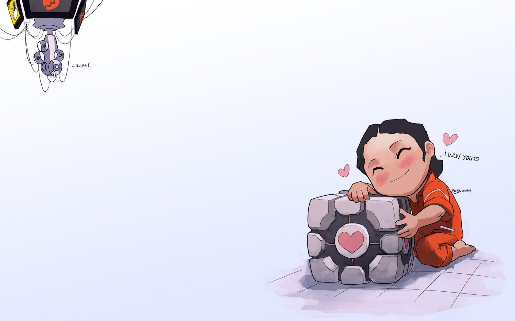1680x1050 Portal Companion Cube Chell wallpaperx1050