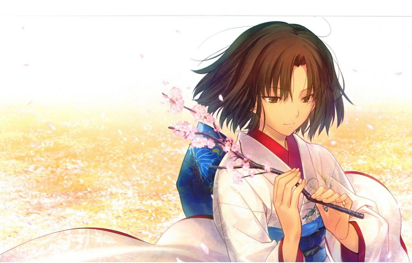 1332x850 Wallpaper branch, petals, Sakura, kimono, kara no kyoukai, the garden of sinners, the garden of sinners, shiki ryougi image for desktop, section прочее