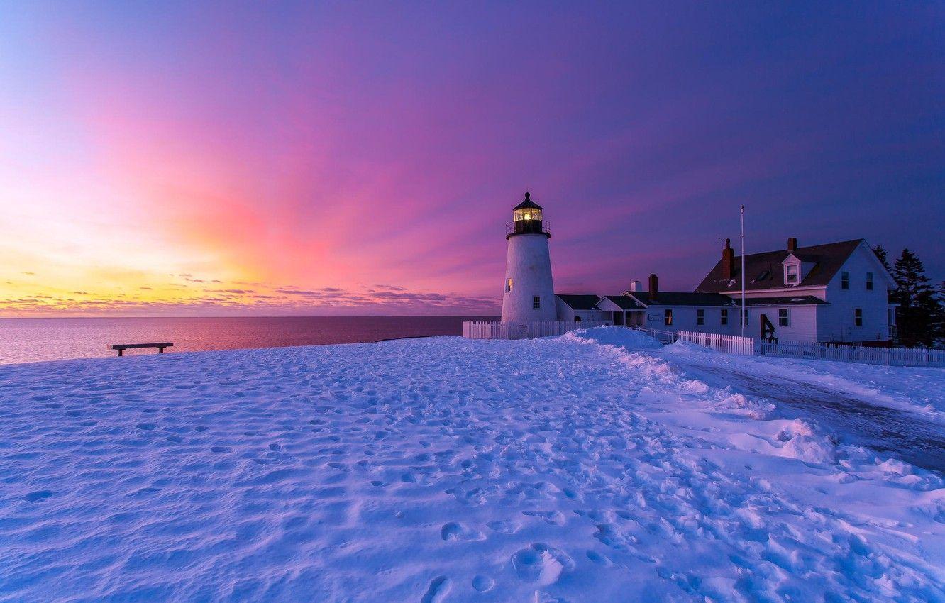 1332x850 Wallpaper winter, the sky, snow, sunset, traces, shore, lighthouse, England, shop, structure, Bristol image for desktop, section пейзажи