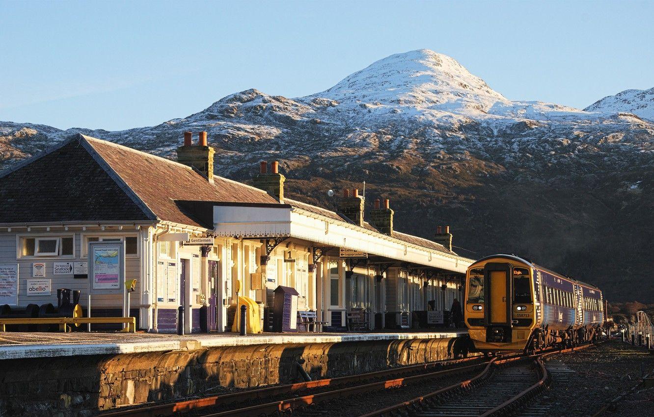1332x850 Wallpaper landscape, nature, winter, mountain, snow, station, train, Scotland, Great Britain, United Kingdom, building, train station, tracks, snowy peak, peak, UK image for desktop, section пейзажи