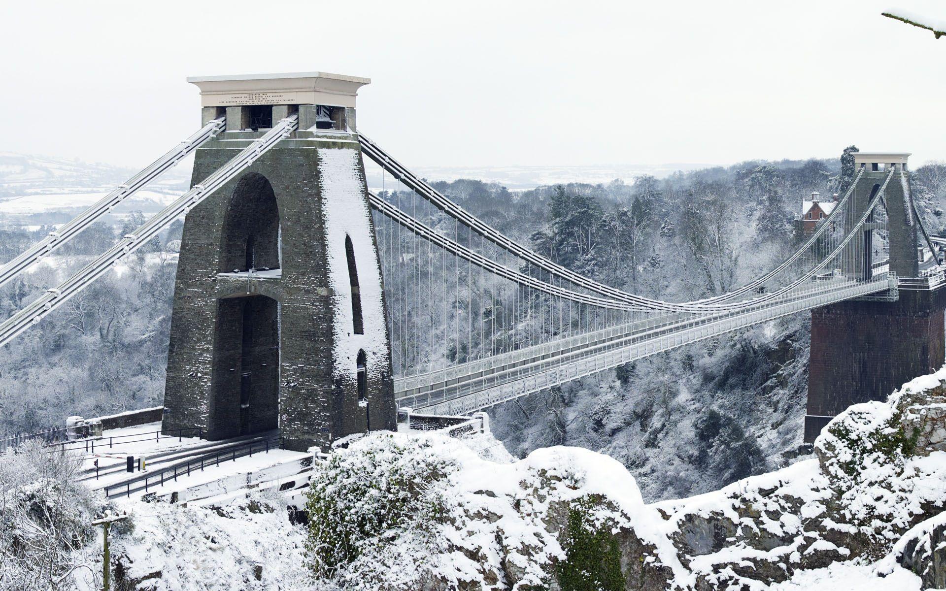 1920x1200 Wallpaper Clifton Suspension Bridge, Bristol, England, winter, snow 3840x1200 Multi Monitor Panorama Picture, Image