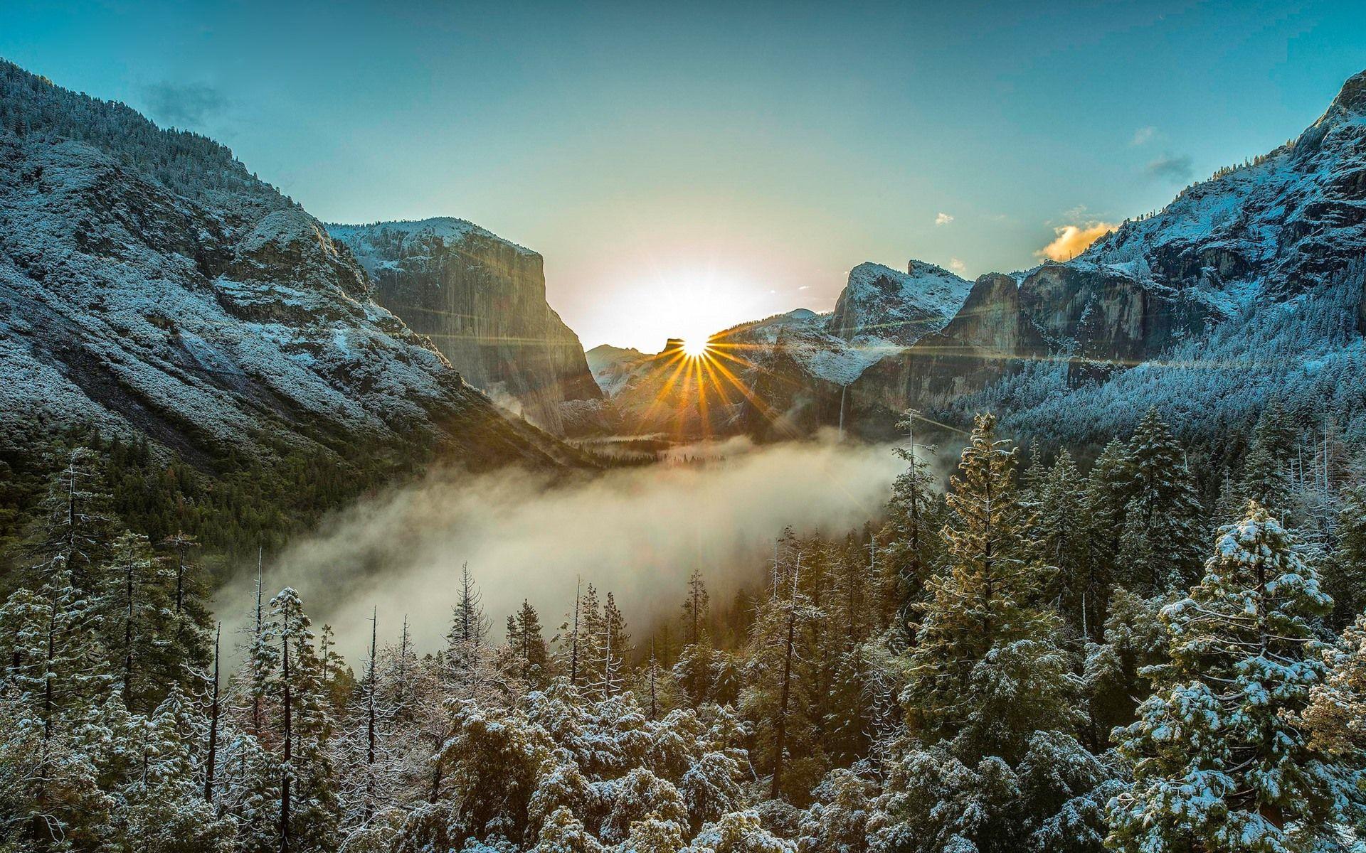 1920x1200 Wallpaper Winter, morning, fog, trees, snow, sun rays, mountains 1920x1200 HD Picture, Image
