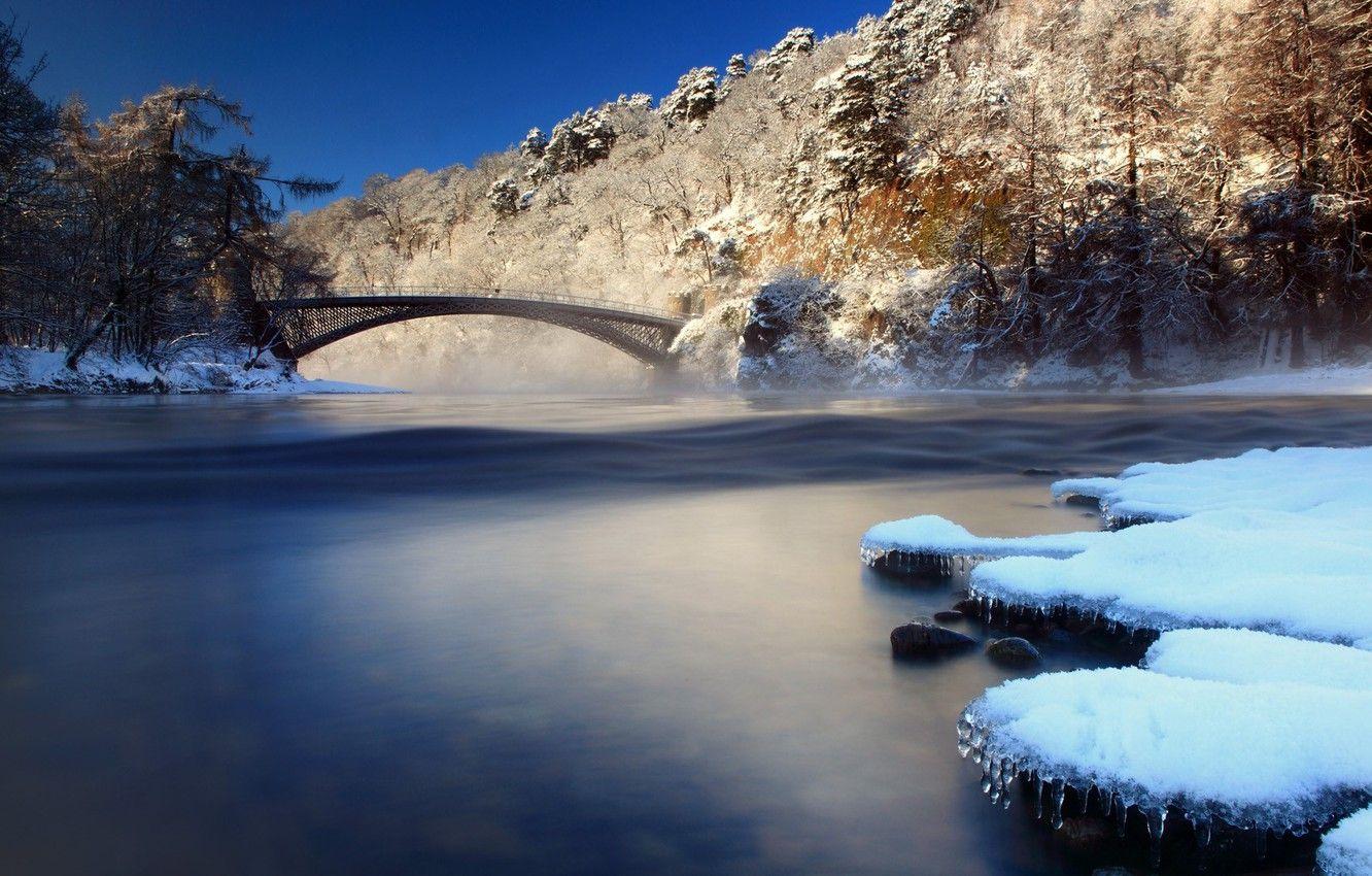 1332x850 Wallpaper ice, forest, river, photography, trees, landscape, nature, bridge, water, winter, rocks, snow, Scotland, Great Britain, United Kingdom, long exposure image for desktop, section пейзажи