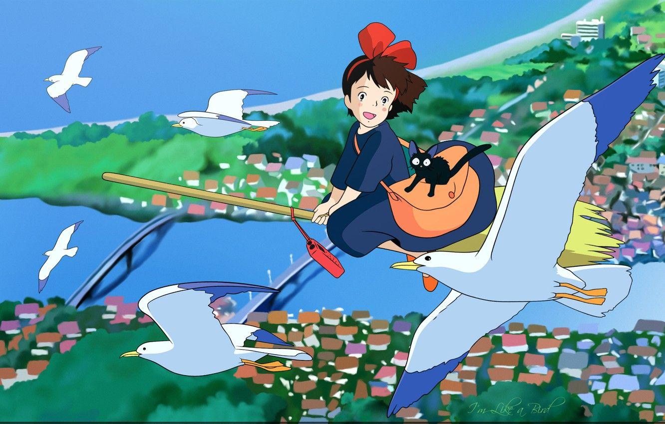 1332x850 Wallpaper flight, bridge, river, seagulls, roof, broom, black cat, art, Kiki's delivery service, jiji, hayao Miyazaki, kiki`s delivery service, kiki okino image for desktop, section прочее