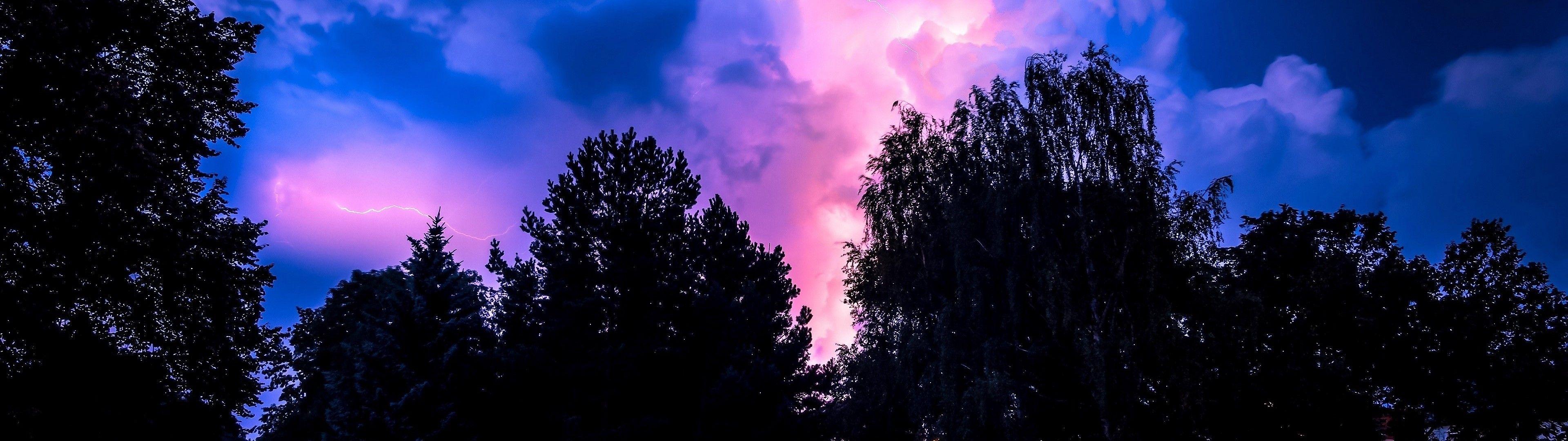 3840x1080 Download 3840x1080 Lightning, Purple Sky, Clouds, Night, Trees Wallpaper