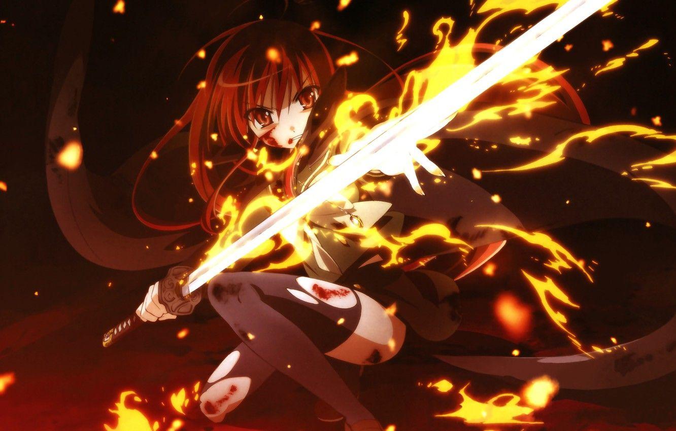 1332x850 Wallpaper girl, fire, sword, anime, art, shakugan no shana, Shana image for desktop, section сёнэн