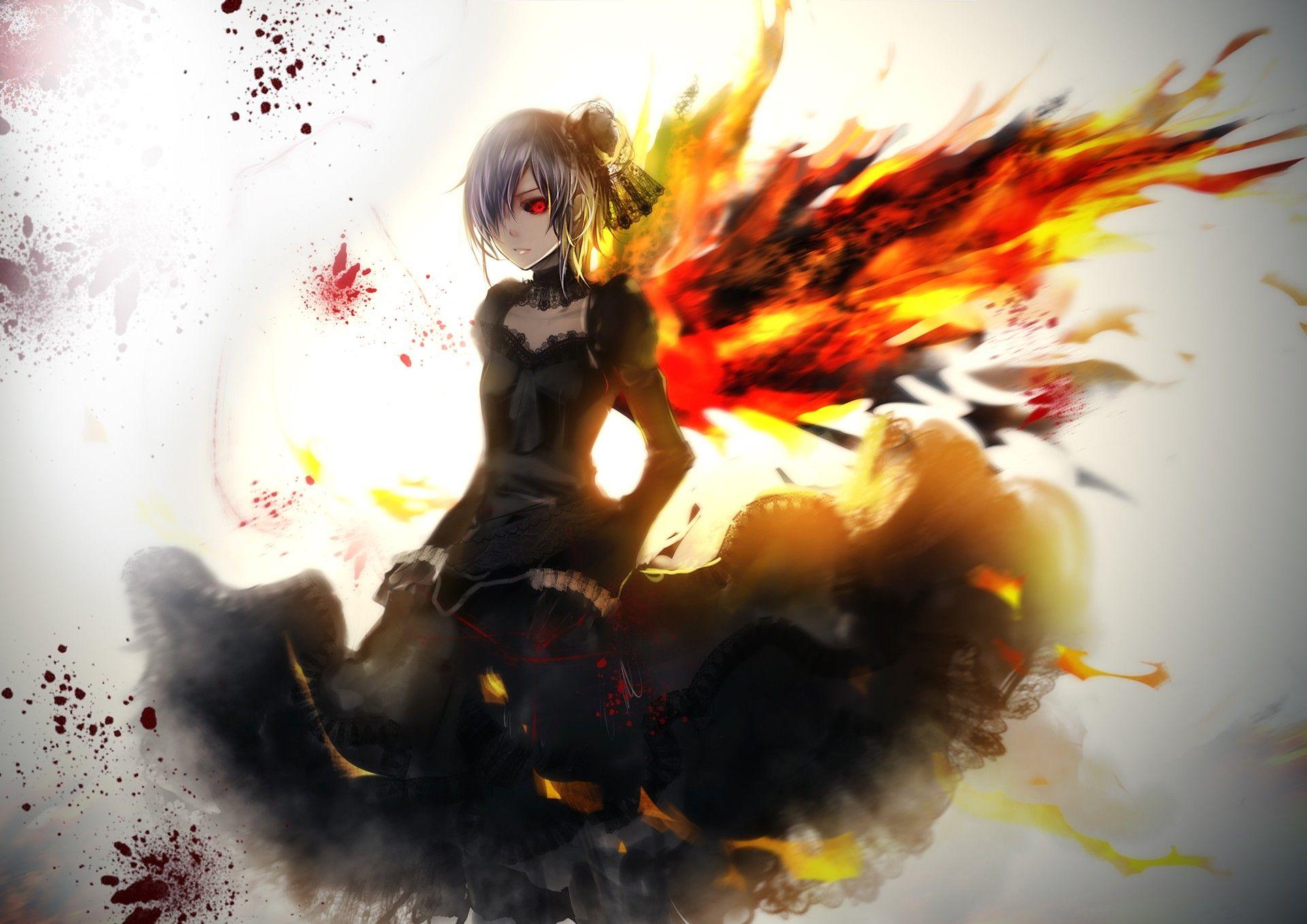 1920x1358 #Tokyo Ghoul, #Kirishima Touka, #red eyes, #black dress, #anime girls, #short hair, #dark hair, #anime, #fire, wallpaper. Mocah.org HD Desktop Wallpaper