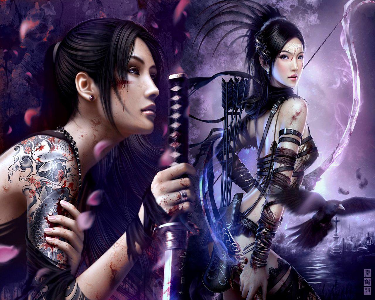 1280x1024 Anime Chinese Warrior. Anime Tattoo Girl Blossom China Crow Female Other Sword Warrior Women. Warrior woman, Fantasy art women, Fantasy warrior