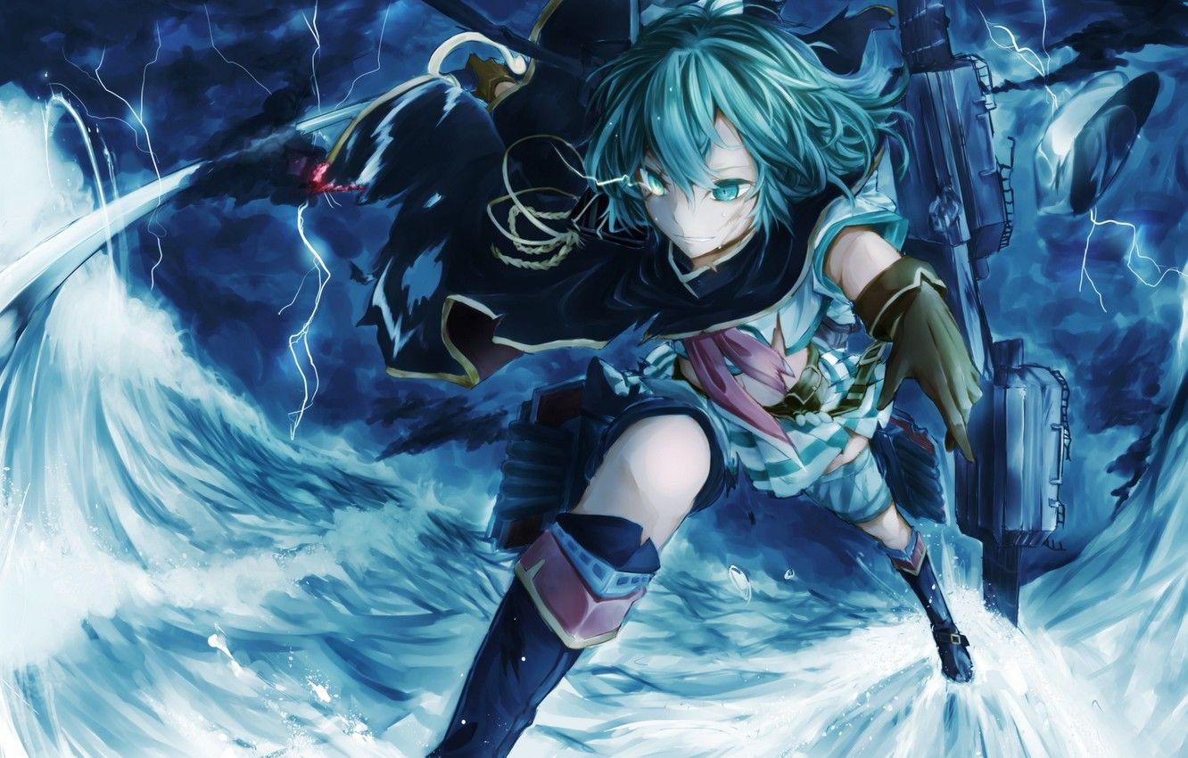 1332x850 Wallpaper the sky, water, girl, clouds, weapons, lightning, anime, art, kantai collection, gensou aporo, kiso image for desktop, section прочее