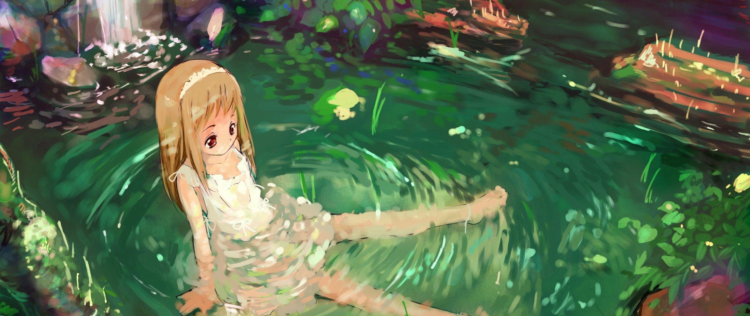 2560x1080 Download wallpaper 2560x1080 anime, girl, nature, water, sadness dual wide 1080p HD background