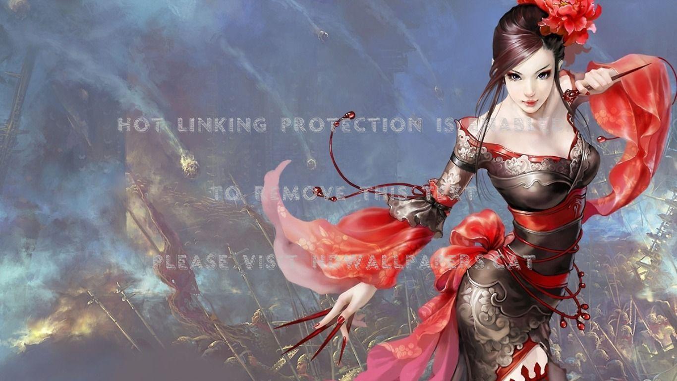 1366x768 gorgeous warrior girl art chinese red men