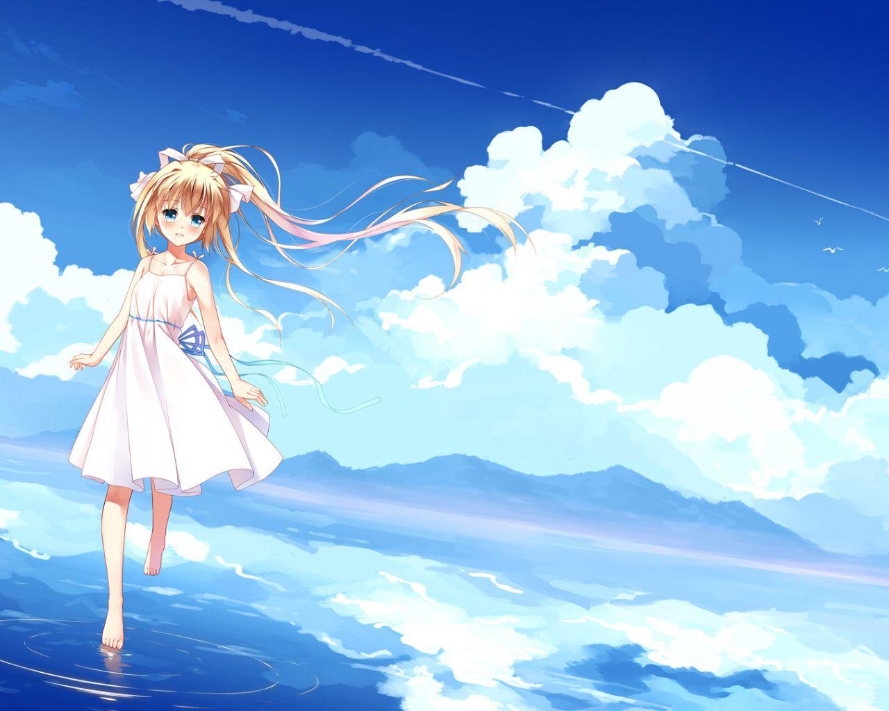 1280x1024 Desktop Wallpaper Walk On Water, Cute Anime Girl, Clouds, HD Image, Picture, Background, 041c5b