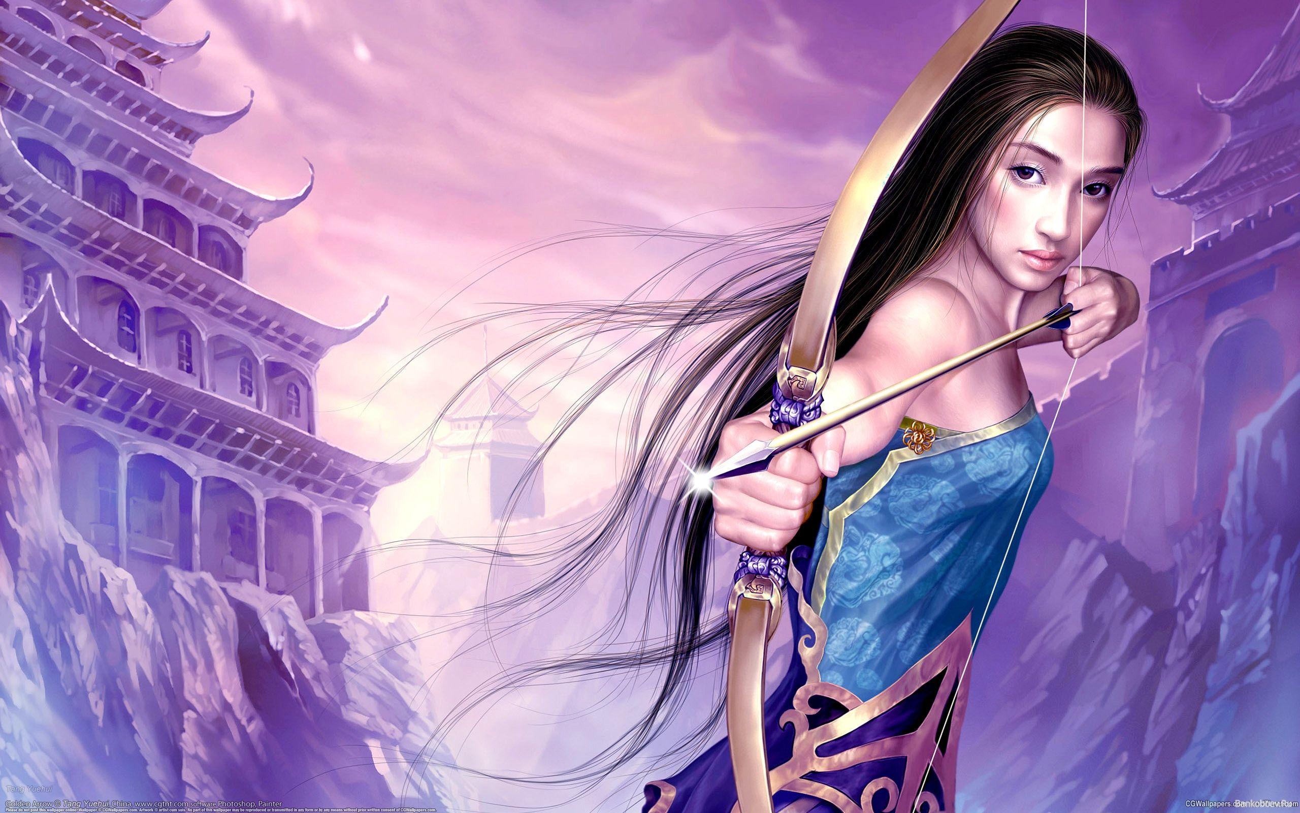 2560x1600 Image young woman Archers warrior Wooden arrow Fantasy Bow 2560x1600