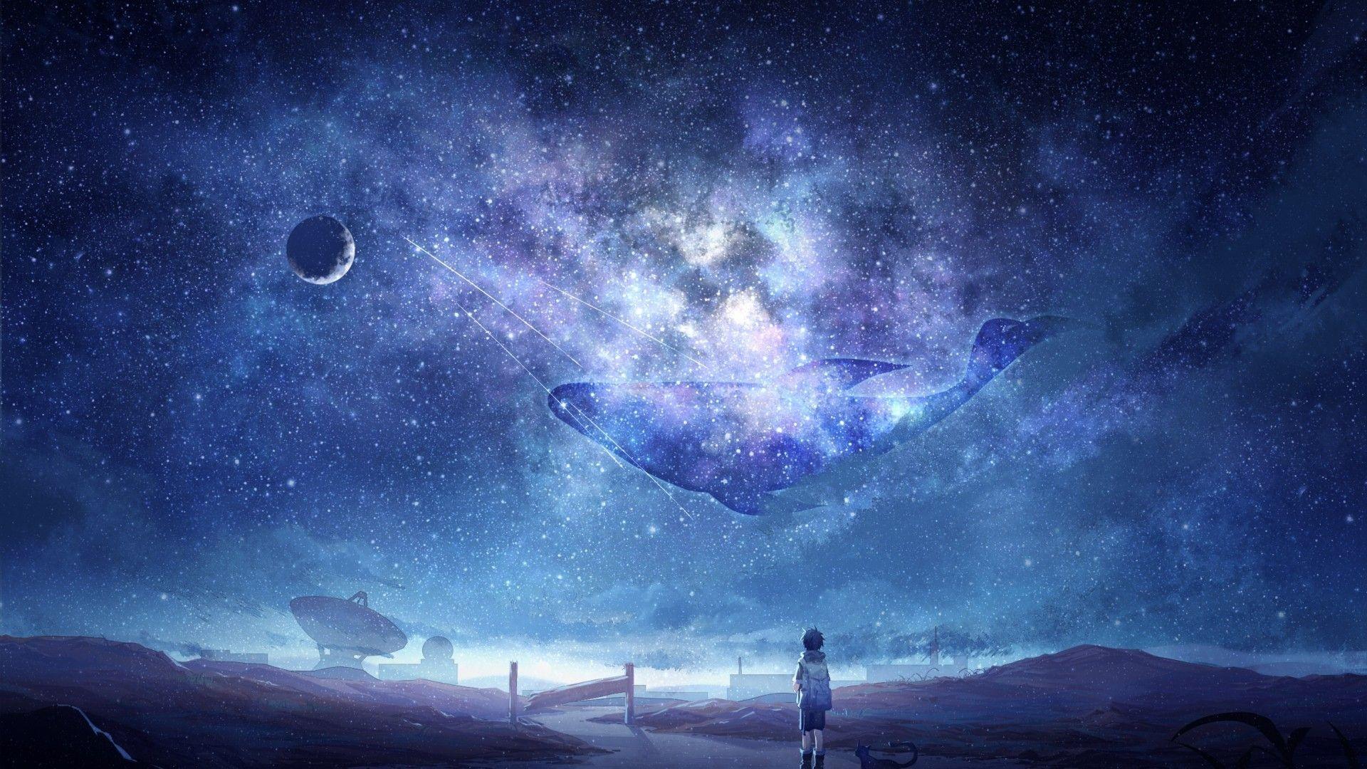 1920x1080 Download 1920x1080 Anime Sky, Milky Way, Stars, Anime Boy, Dog, Moon, Whale, Galaxy Wallpaper for Widescreen