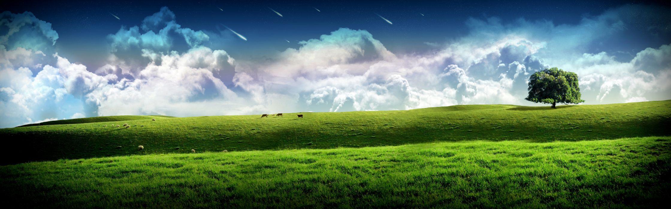 2240x700 Multi Monitor Dual Screen cg digital art dream manip grass hill trees sky clouds stars wallpaperx1200