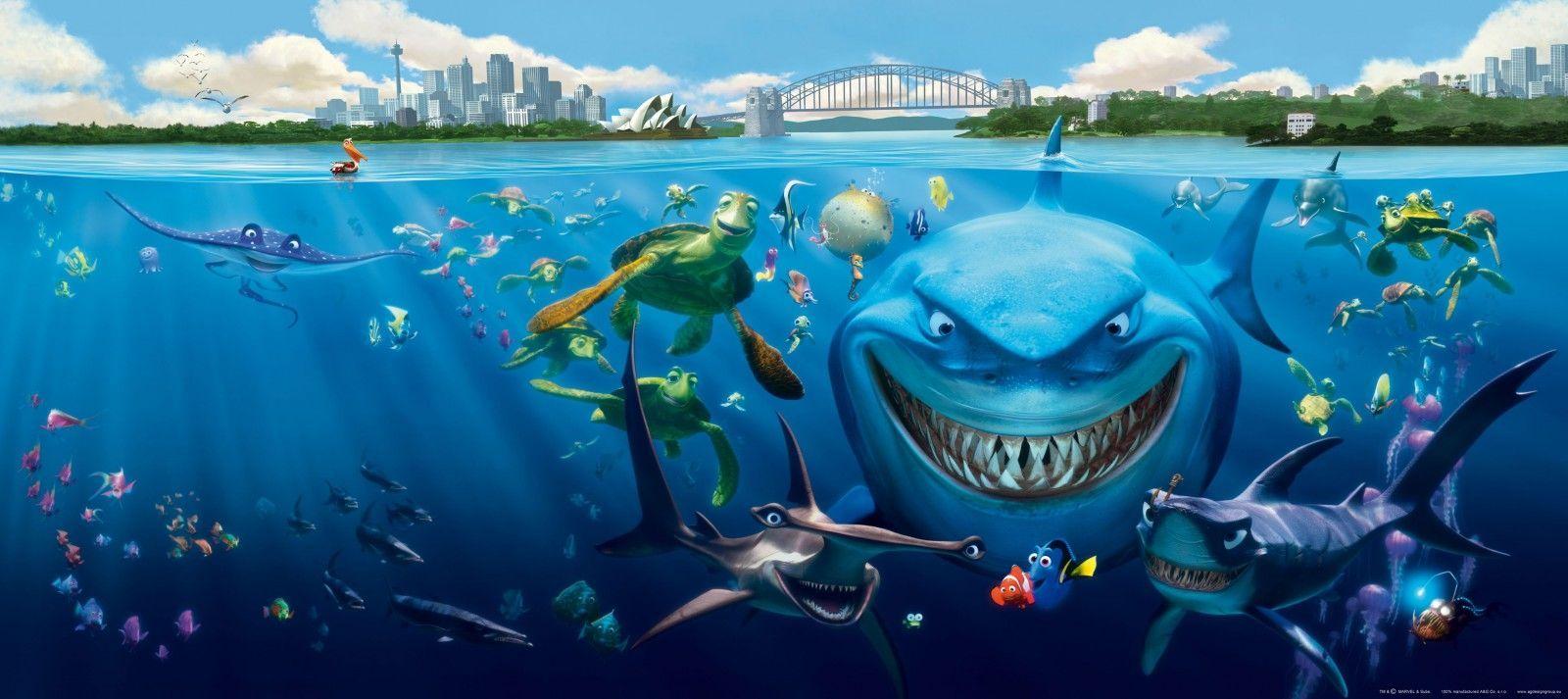 1600x713 Hình nền bức tranh tường bức tranh Finding Nemo 3 con cá mập Bruce Anchor & Chum ảnh 202 x 90 cm / 2,21 yd x 35,43 