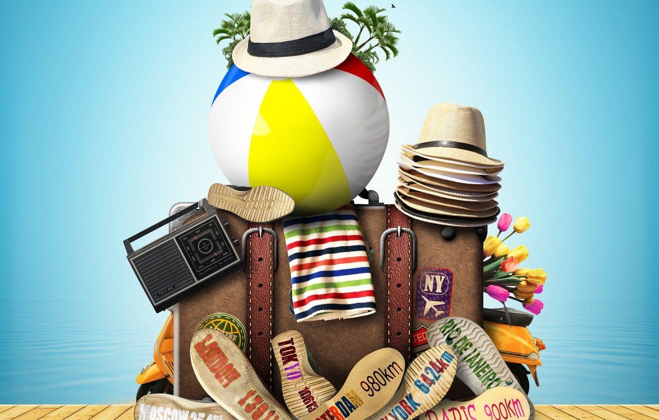 1332x850 Wallpaper sea, the sky, the sun, flowers, birds, palm trees, stay, the ball, radio, vacation, pier, tulips, suitcase, resort, hats, scooter image for desktop, section рендеринг