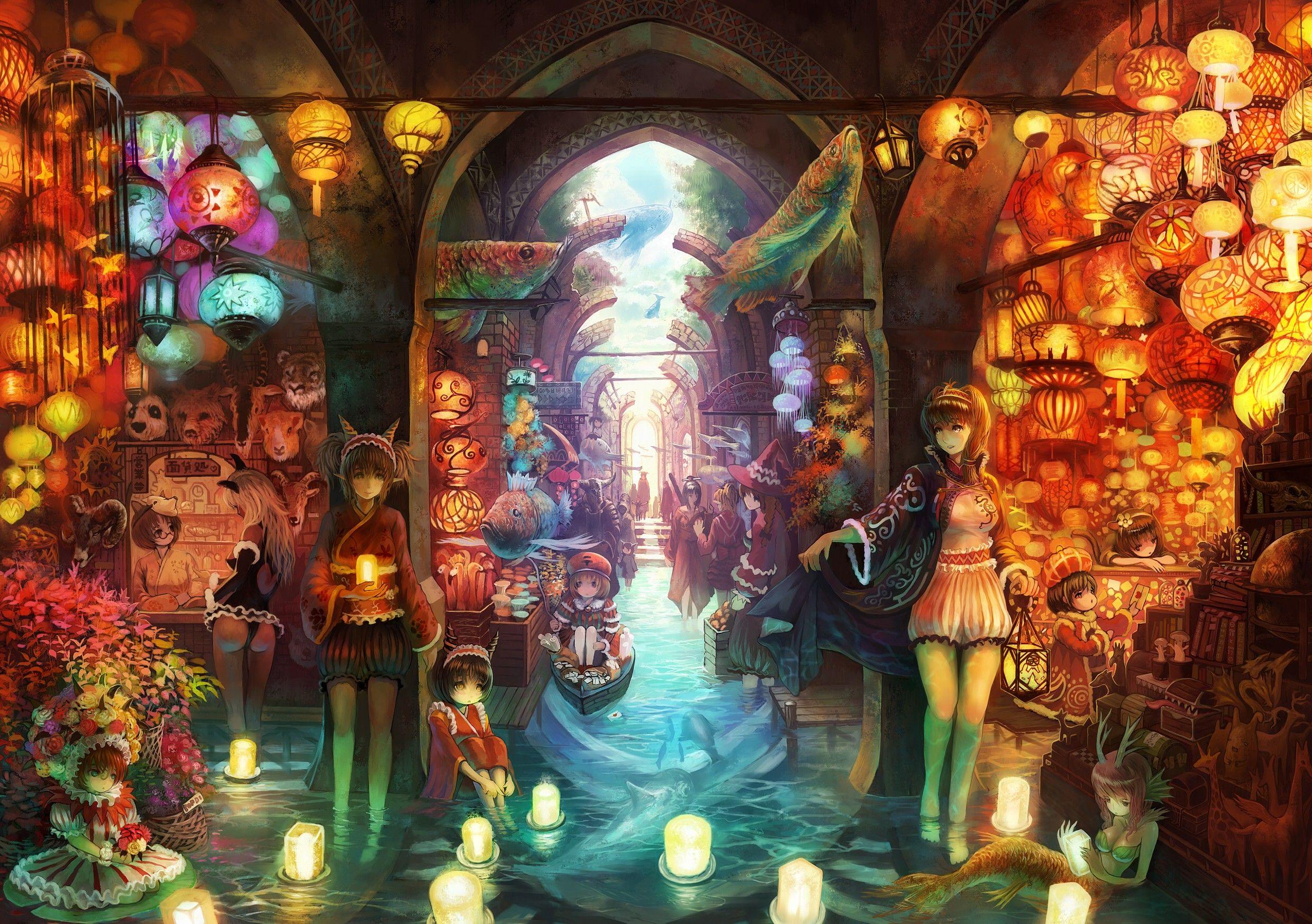 2480x1748 Animal Ears Anime Girls Bonsai Candles Chinese Lantern Original