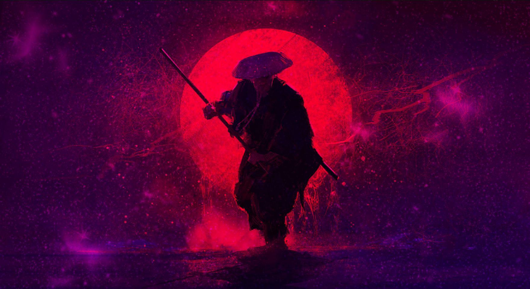 1760x961 samurai, Sunset, Space, Purple sun, Bloody sun Wallpaper HD / Desktop and Mobile Background