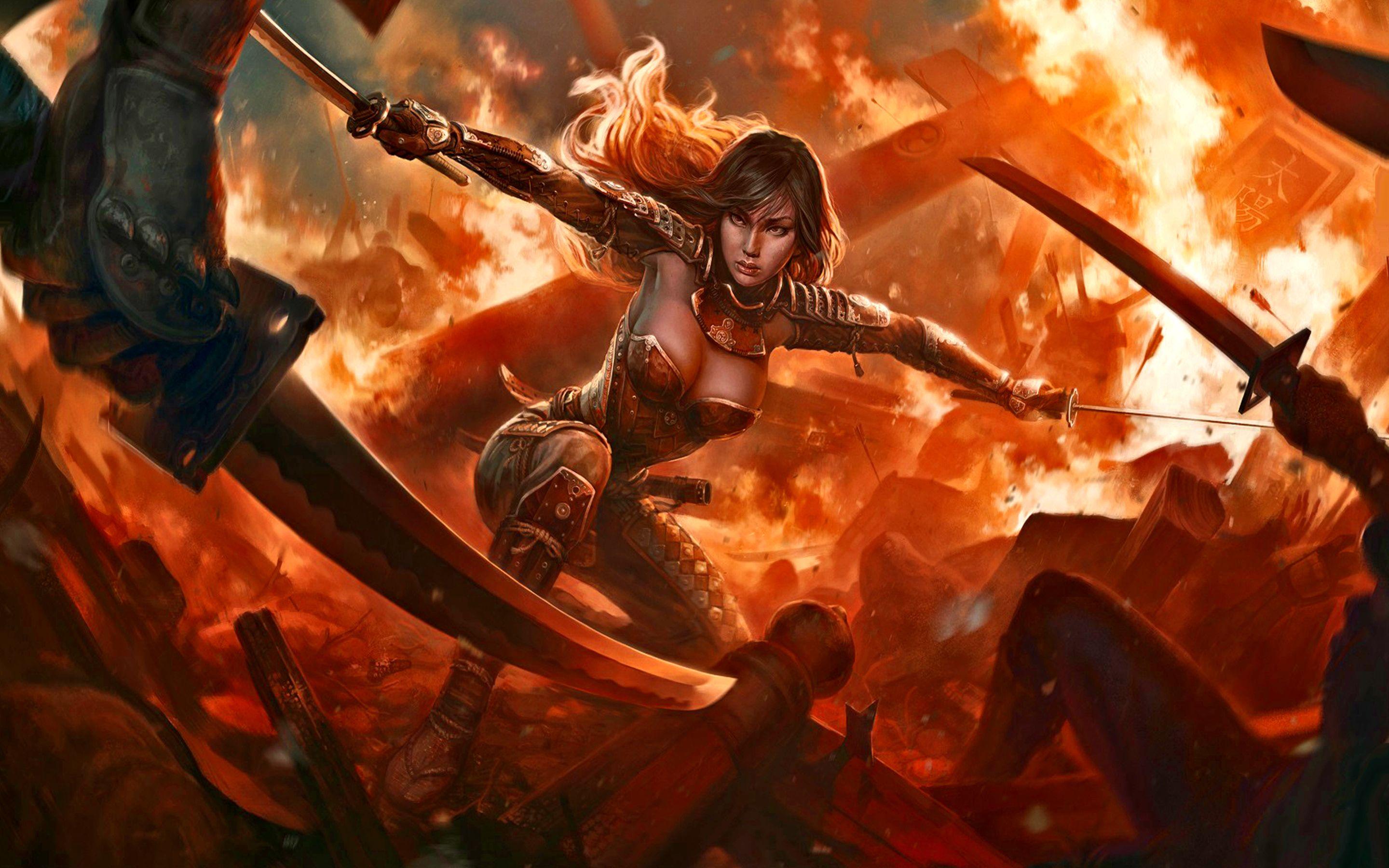 2880x1800 warrior, katana, sword, dark, women, eastern, fantasy, fire wallpaper