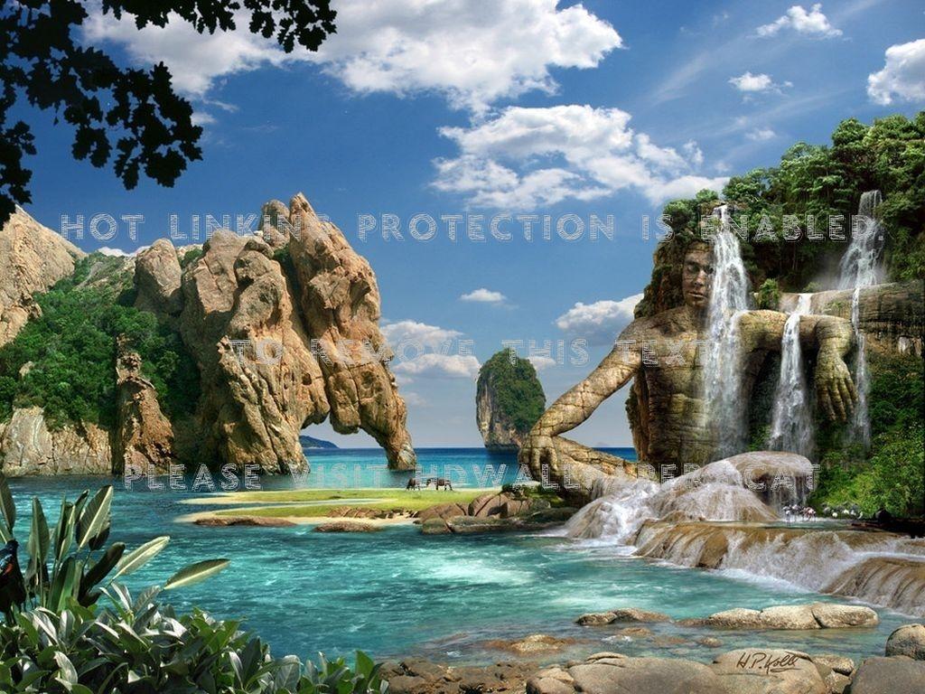 1024x768 fantasy island man lake tropical mountains