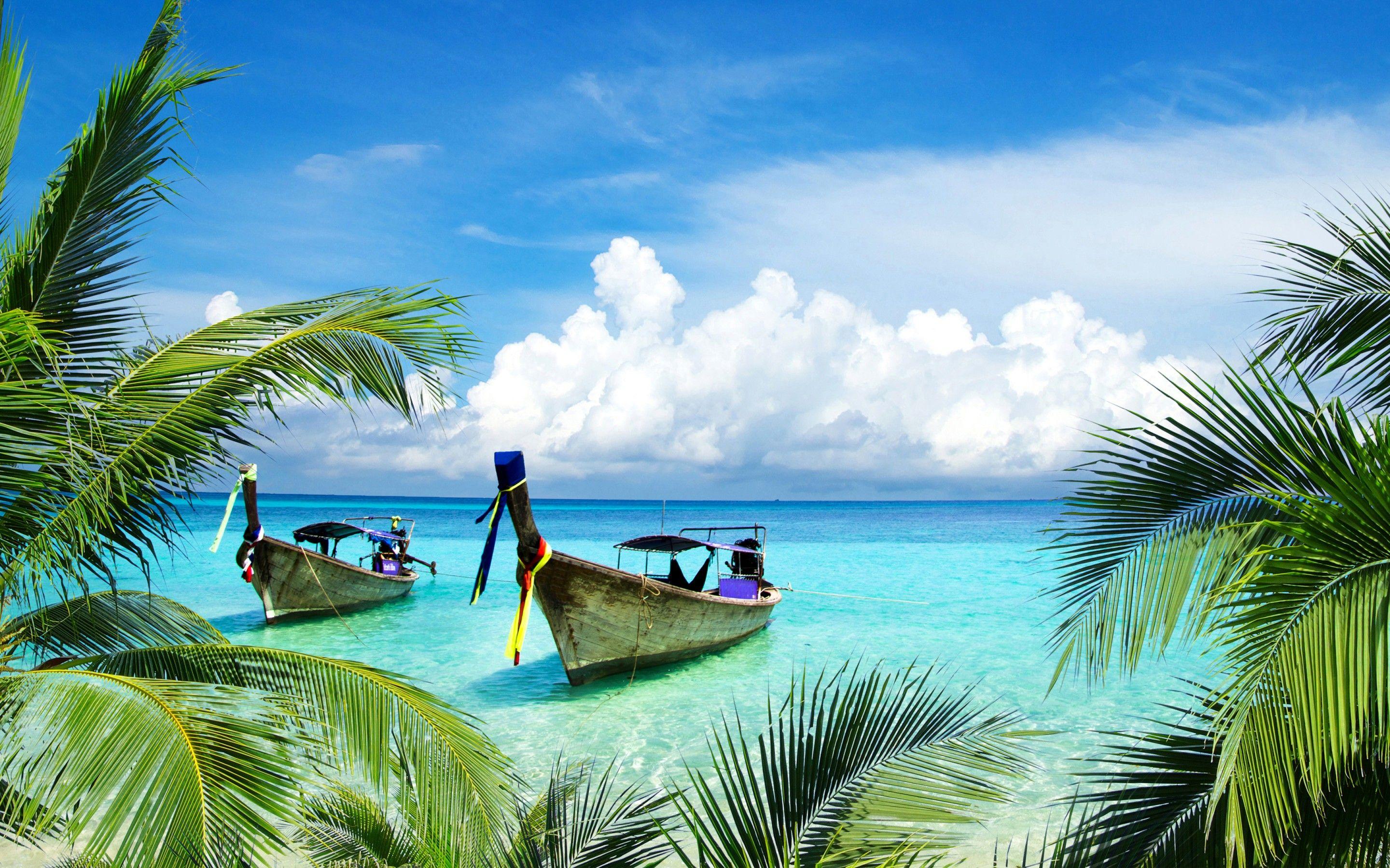 2880x1800 Wallpaper Tropical Beach, Boats, Island, Coconut trees, 4K, Nature,. Wallpaper for iPhone, Android, Mobile and Desktop