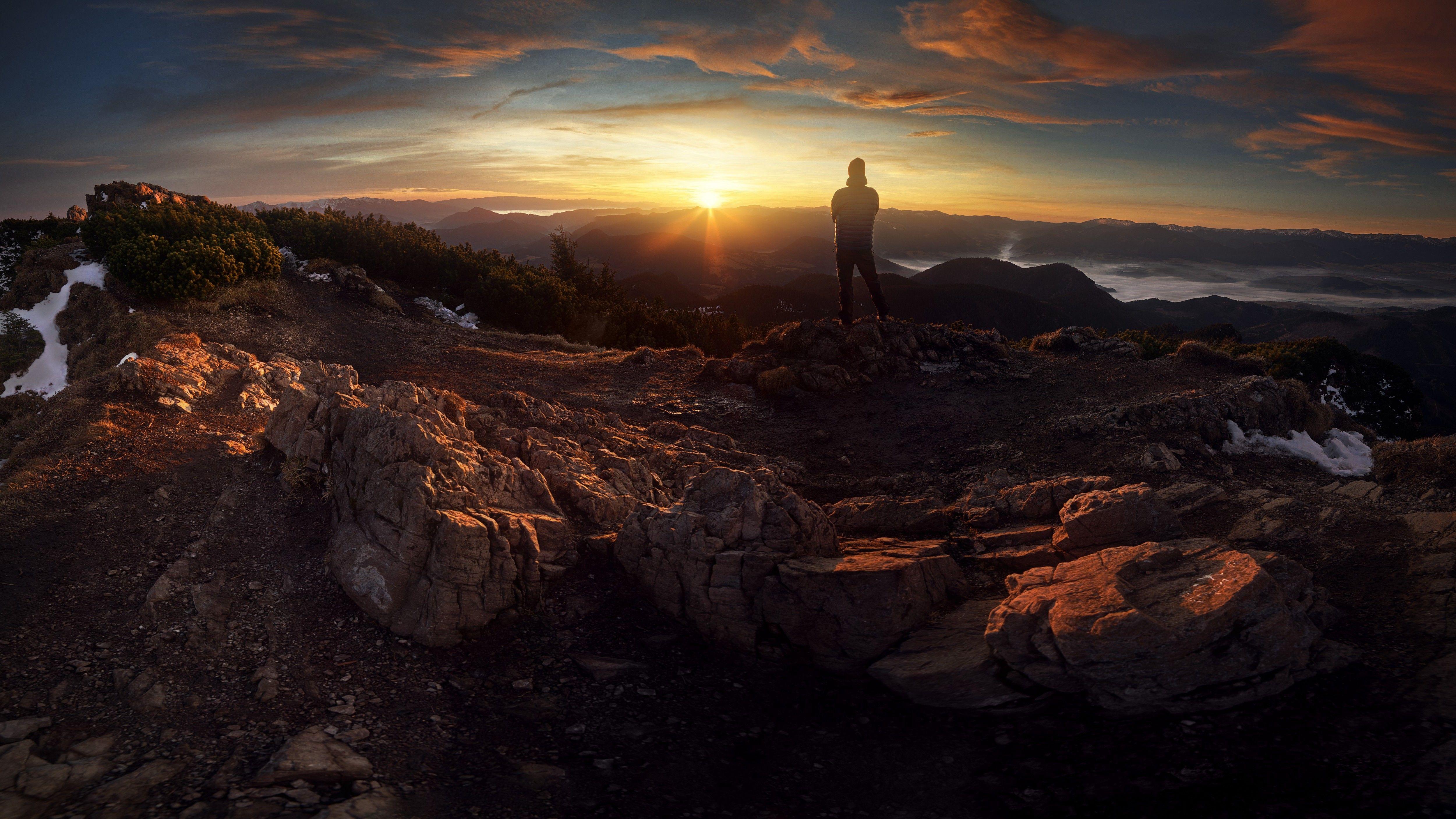 5000x2813 mountain, Landscape, Slovakia, Sunset, Rock, Mist, Panorama, Men Wallpaper HD / Desktop and Mobile Background
