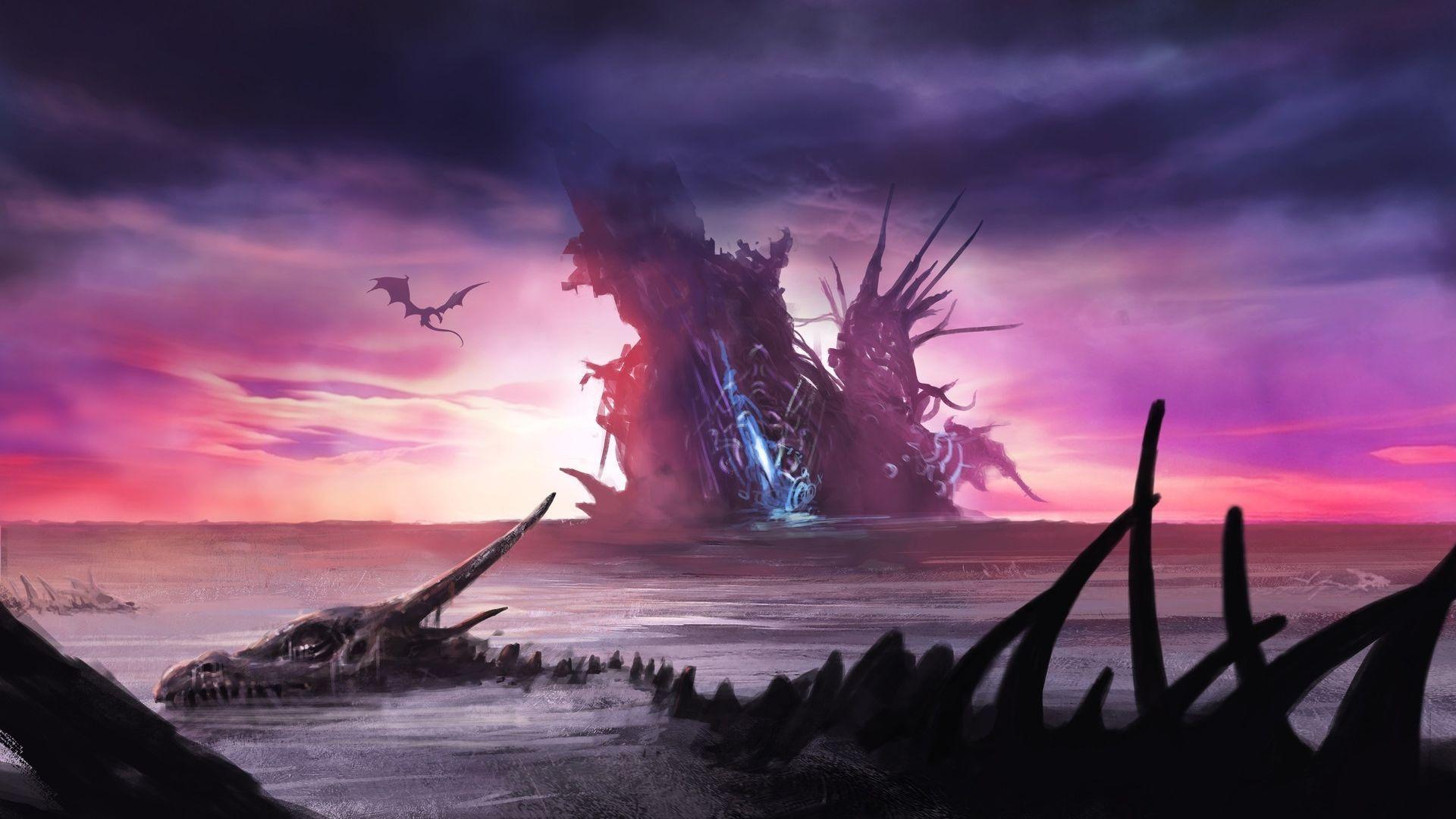 1920x1080 Desktop wallpaper skeleton, clouds, fantasy, dragon, art, HD image, picture, background, b864f5