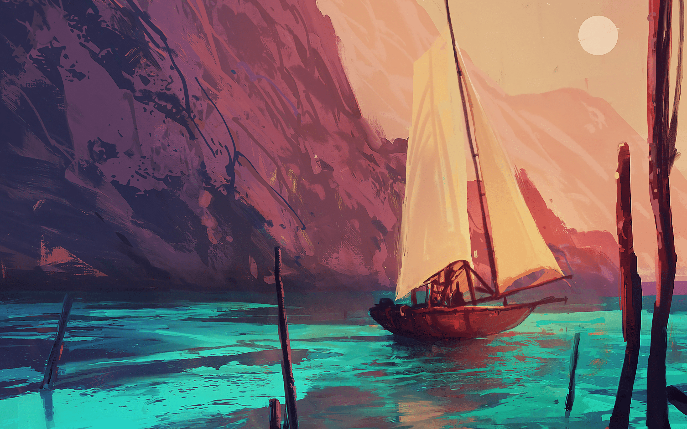 2880x1800 Download 2880x1800 Boat, Mountain, Scenic, Artwork, Relax, Painting Wallpaper for MacBook Pro 15 inch