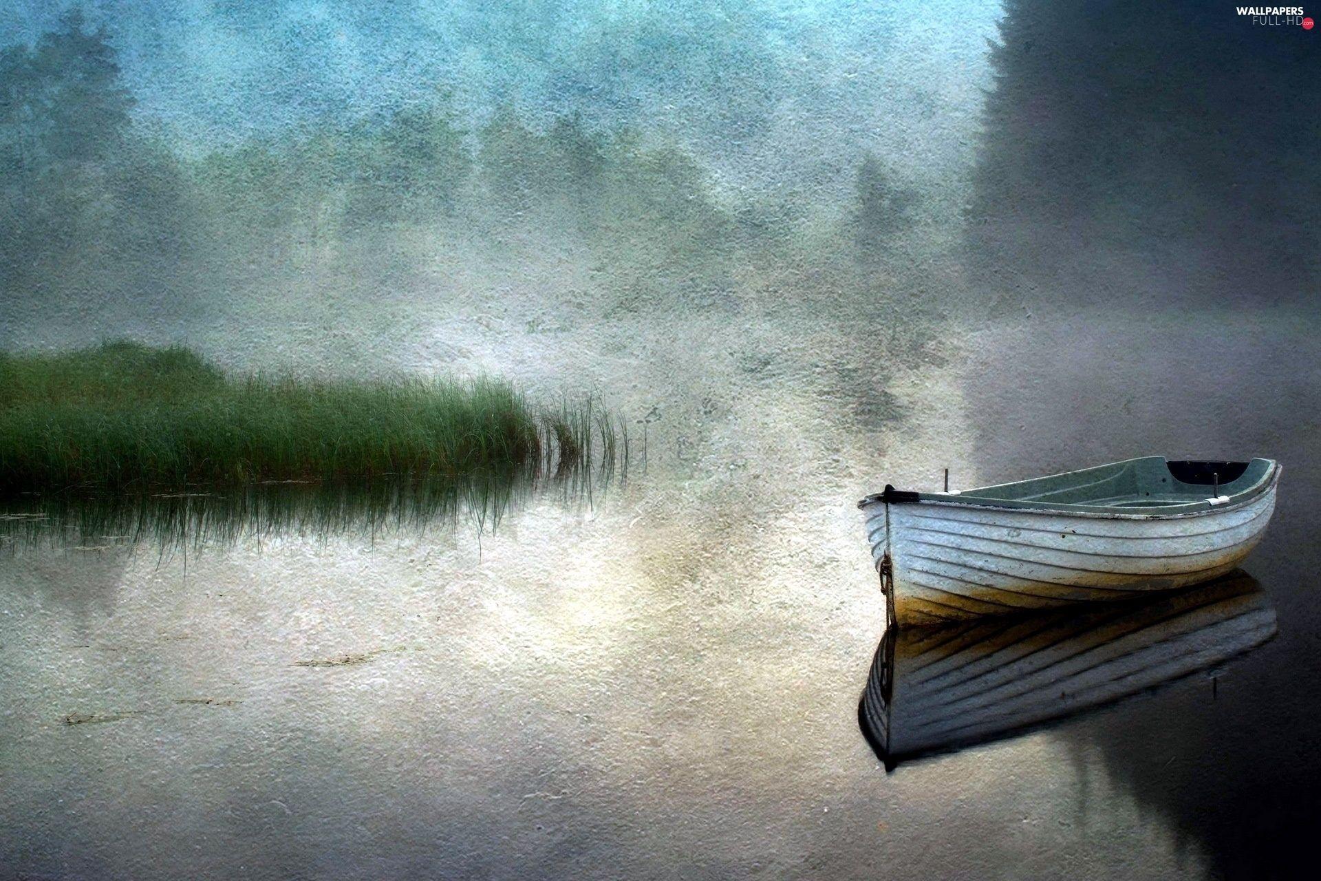 1920x1280 lake, Boat, painting, rushes, picture HD Wallpaper: 1920x1280