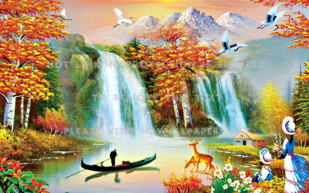 1280x800 beautiful waterfalls art boat painting