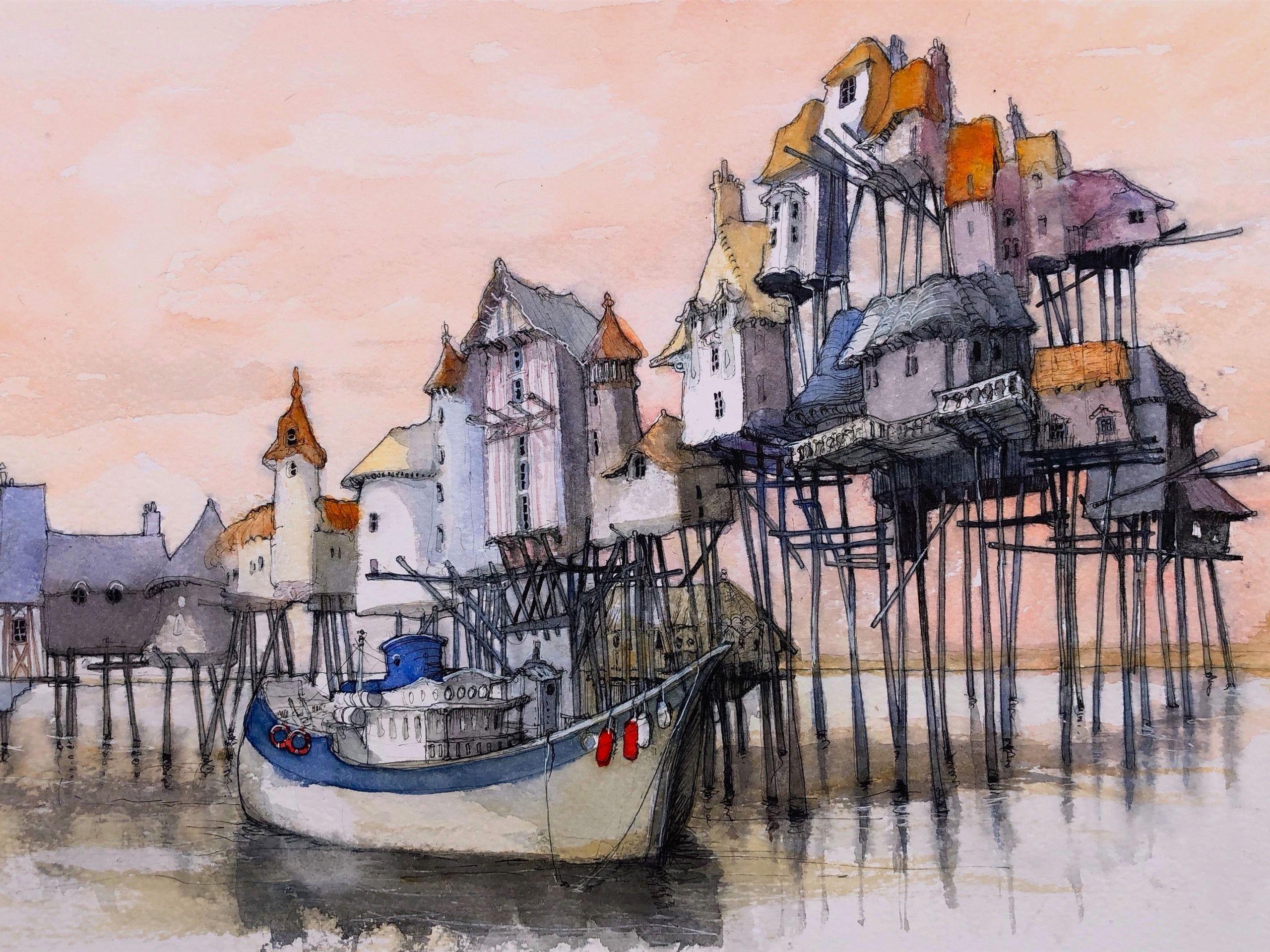 2560x1920 Wallpaper Watercolor painting, dock, houses, boat, sea 3840x2160 UHD 4K Picture, Image
