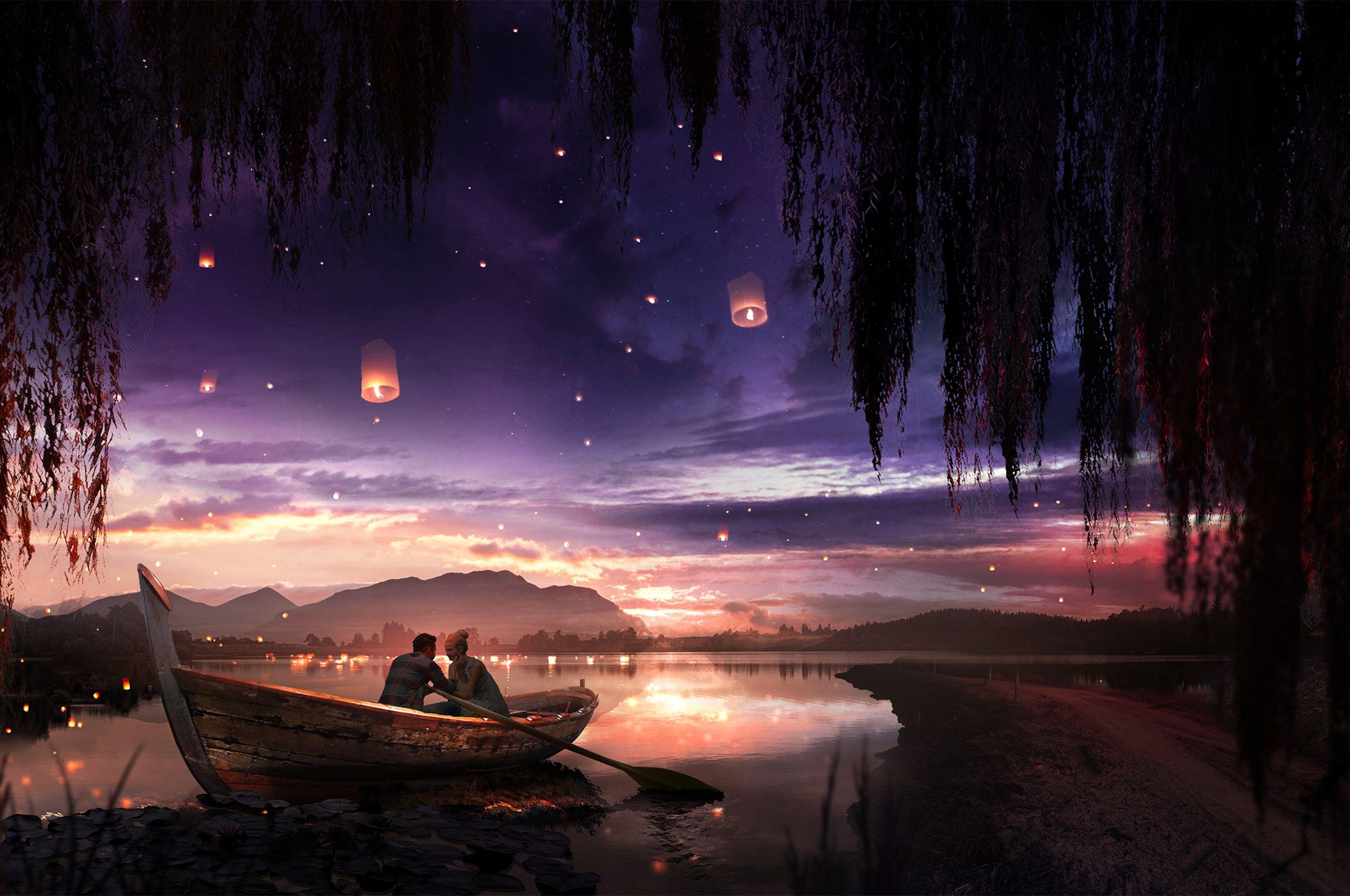 2560x1700 Boat Couple Dreamy Painting Lake Lantern Chromebook Pixel HD 4k Wallpaper, Image, Background, Photo and Picture