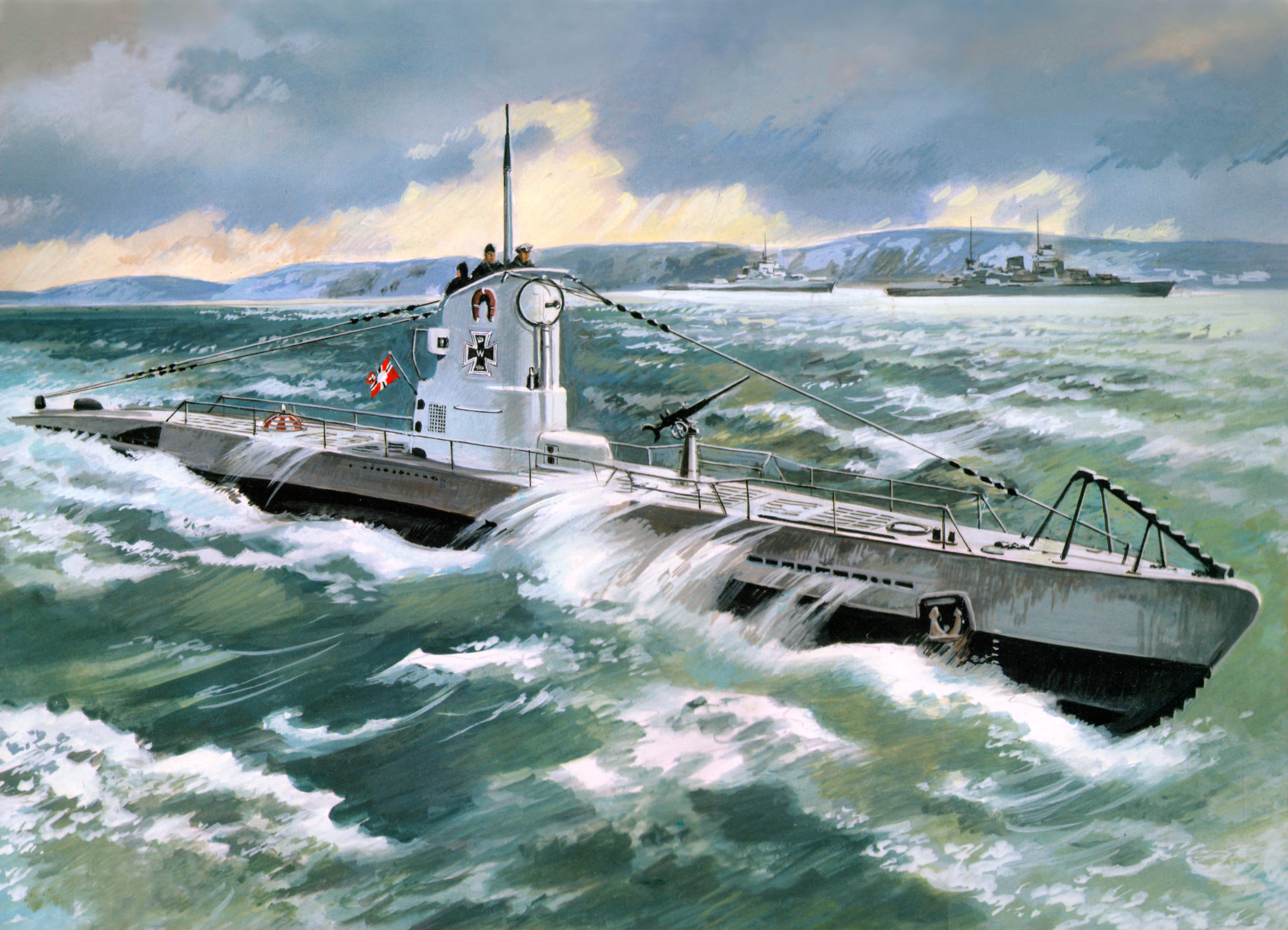 7167x5174 Wallpaper Submarines U Type 2B ( 1939 ) Painting 7167x5174