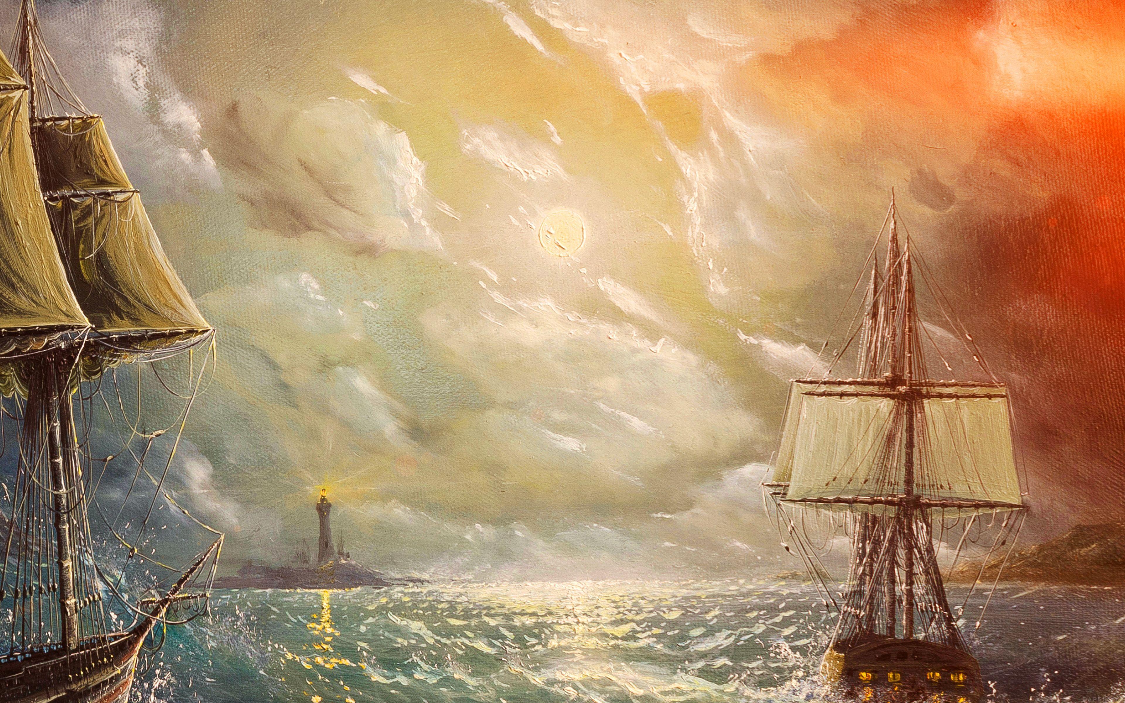 3840x2400 Painting Sea Wave Red Sun Boat Illust Art Wallpaper