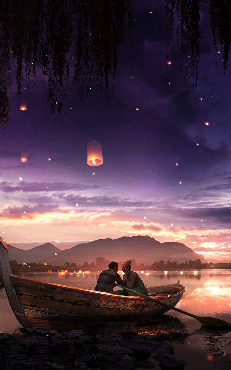800x1280 Boat Couple Dreamy Painting Lake Lantern Nexus Samsung Galaxy Tab Note Android Tablets HD 4k Wallpaper, Image, Background, Photo and Picture
