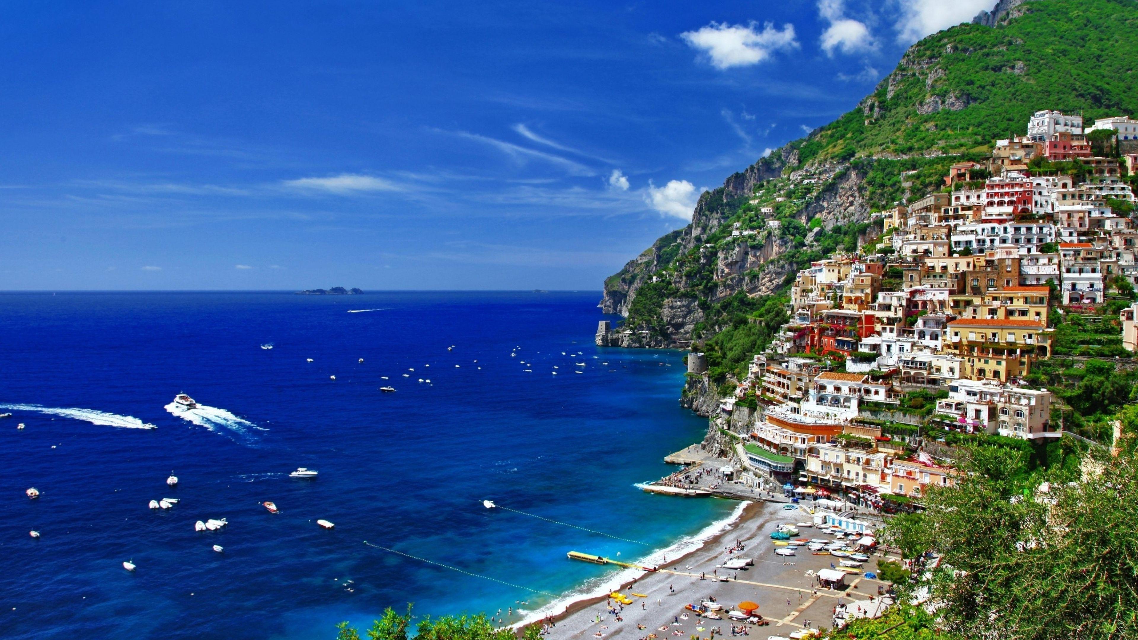 3840x2160 HD Background Italy Positano Sorrento Salerno Coast Hill Houses
