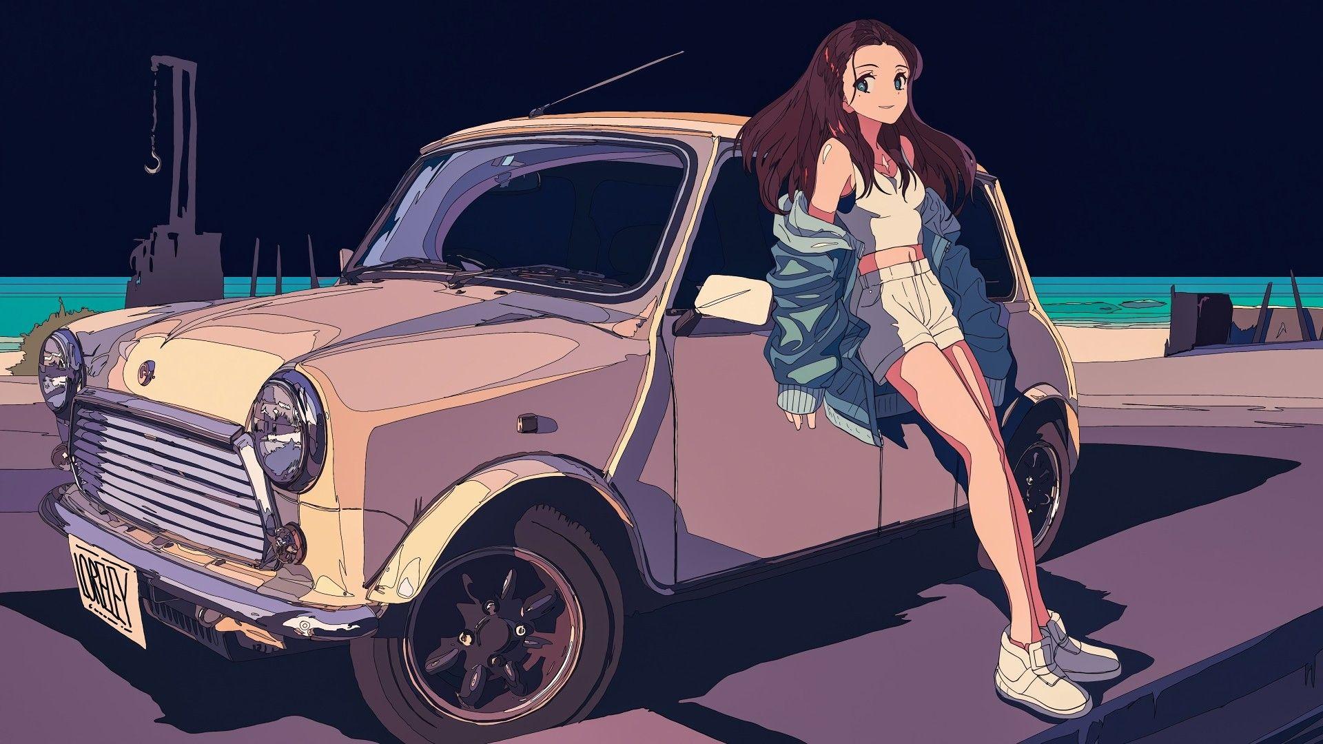 1920x1080 Anime Girl with Car Wallpaper: Image