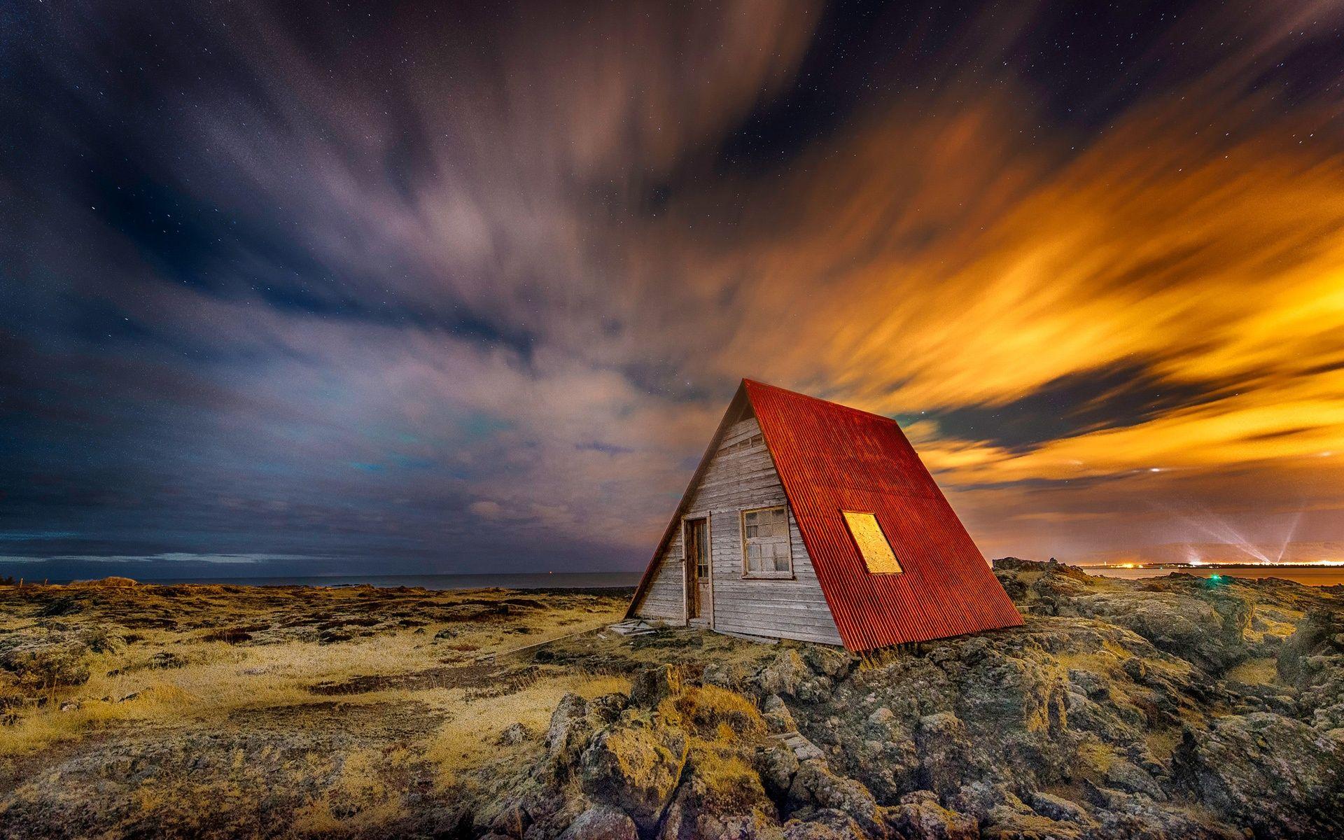 1920x1200 Wallpaper Iceland night scenery, house, stars HD, Picture, Image