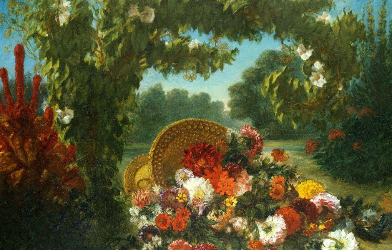 1332x850 Wallpaper landscape, picture, Basket Of Flowers, Eugene Delacroix, Ferdinand Victor Eugene Delacroix image for desktop, section живопись