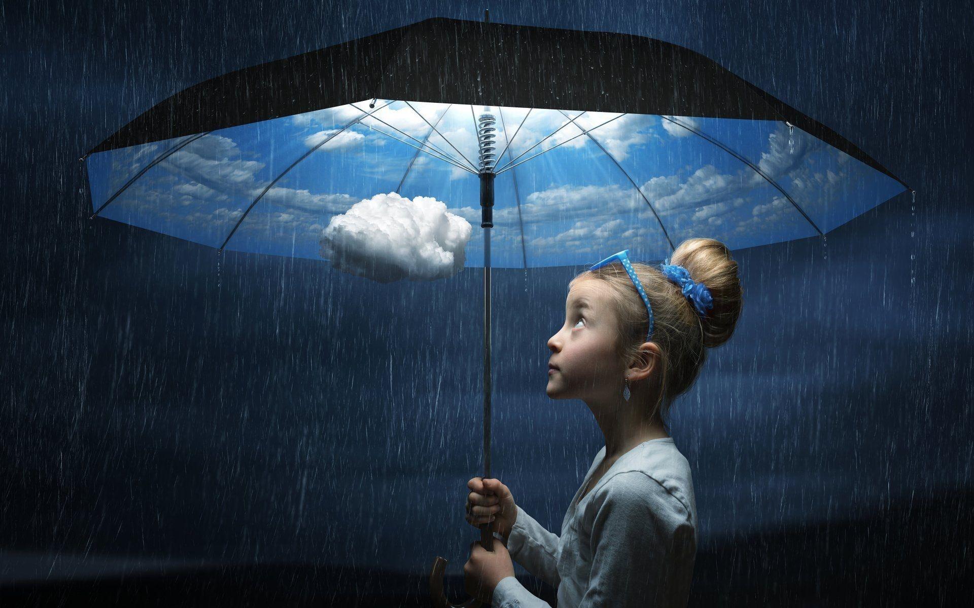 1920x1200 Wallpaper Umbrella, child girl, rainy, sky, clouds, creative picture 1920x1200 HD Picture, Image