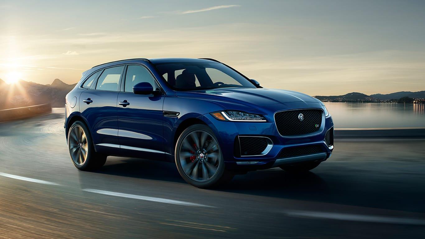 1366x769 Jaguar F Pace Blue Color Sunset Lake Background 4k HD Wallpaper