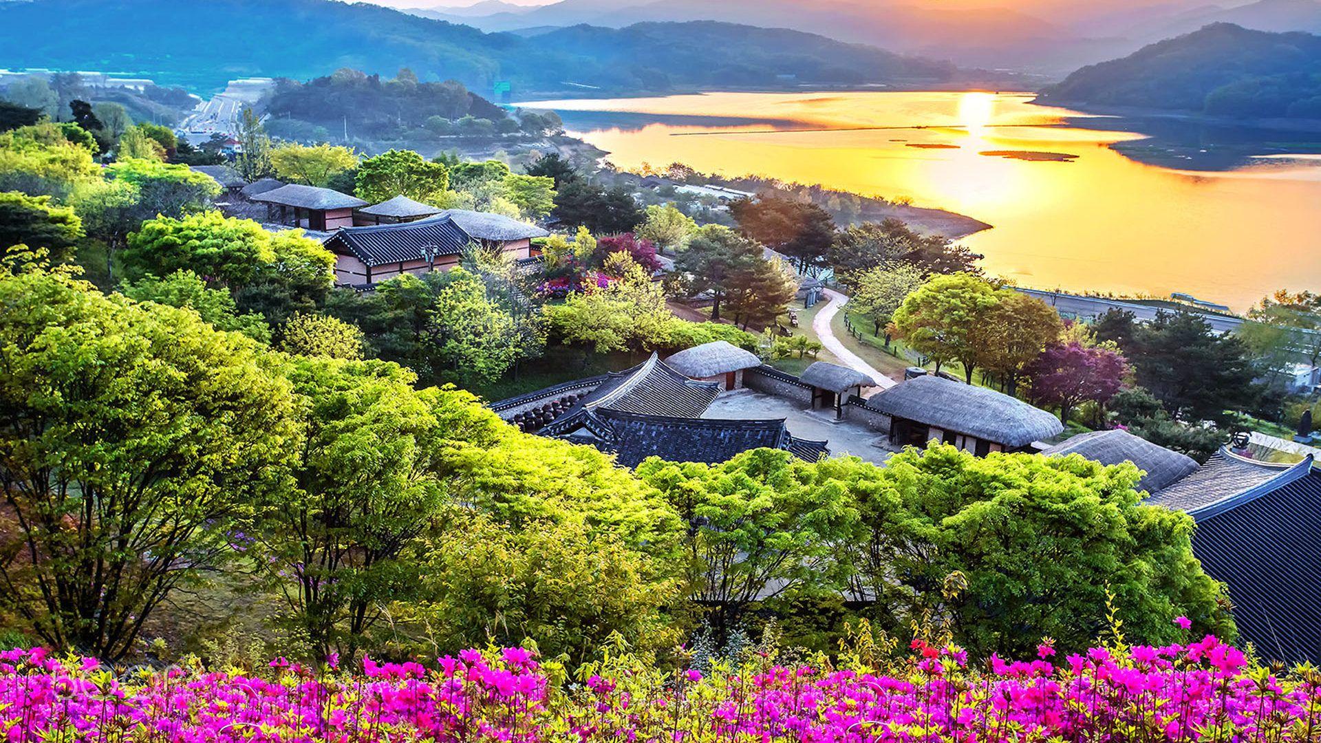 1920x1080 Sunrise Landscape Photography Morning Of Daecheongho Folk Village Goesan South Korea :