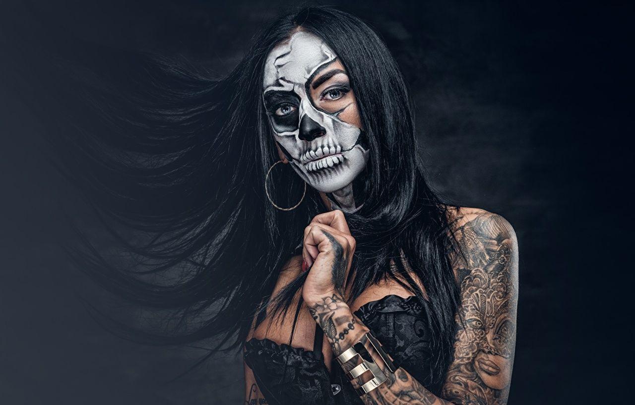 1280x817 Desktop Wallpaper Tattoos Brunette girl Makeup day of the dead Hair