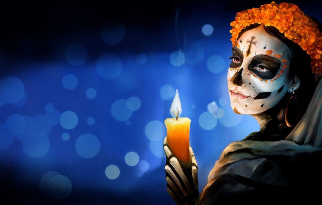 1332x850 Wallpaper Flowers, Girl, Style, Background, Calavera, Mexico, Candle, Day of the Dead, Day of the Dead, Sugar Skull, Katrina, madeinkipish, Sugar skull, Calavera, Day of the dead, Catrina image for desktop, section