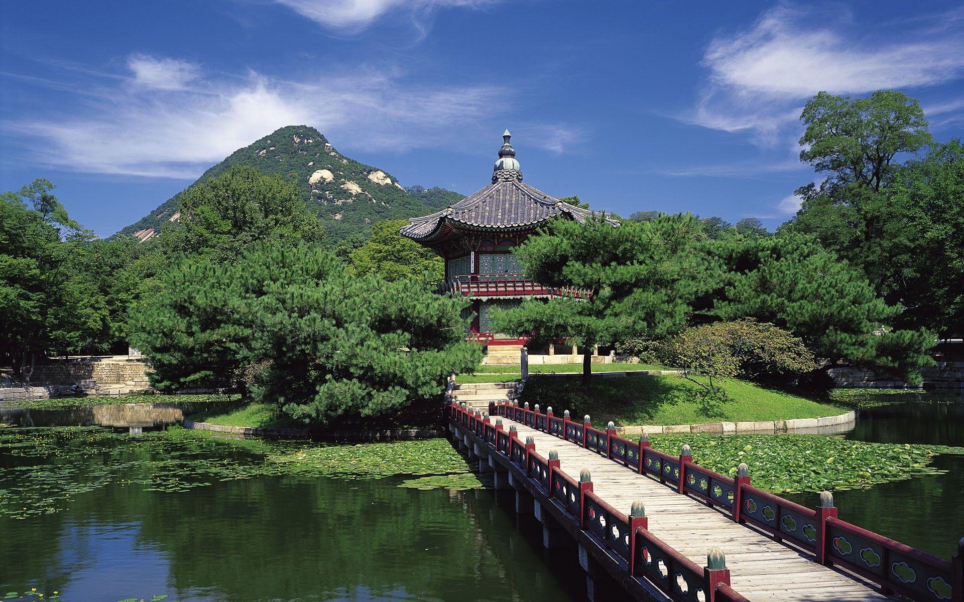 1920x1200 Japanese Garden Pond Wood Bridge Pagoda Hills South Korea Temple Wallpaper:1920x1200