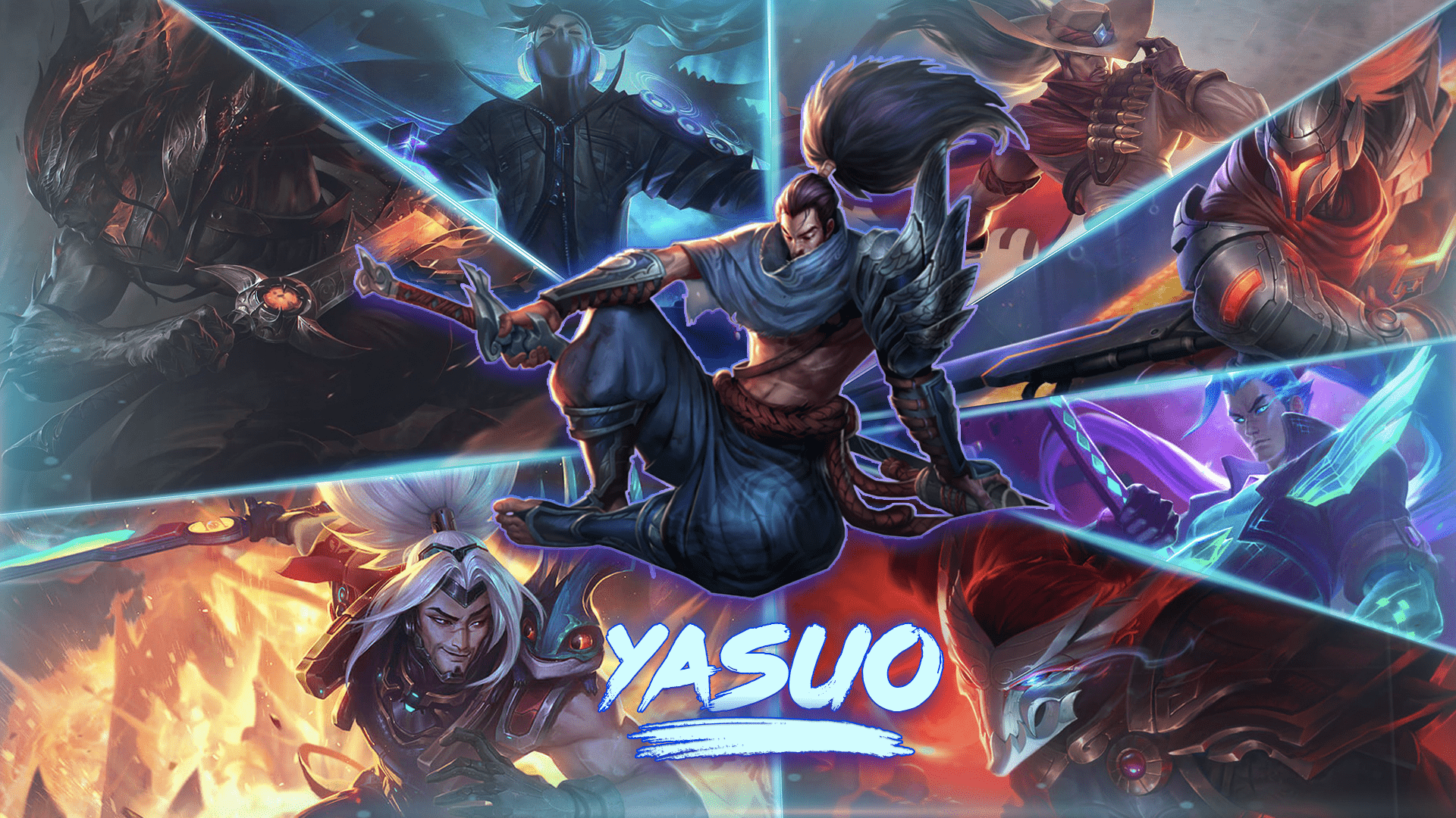 1920x1080 I created an all skins wallpaper for Yasuo (True damage skin included)