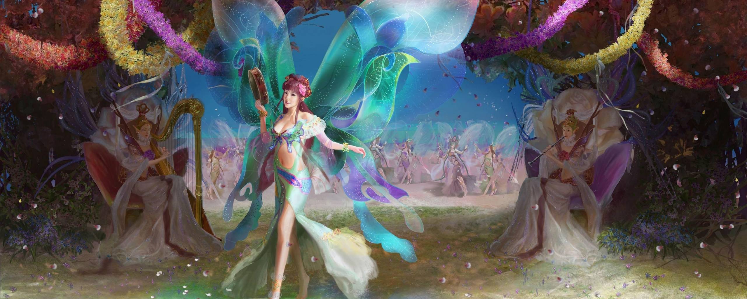 2560x1024 Fairies, Wings, Musical, Instruments, Flowers, Holiday, Hd, desktop, wallpaper, background, free, photo