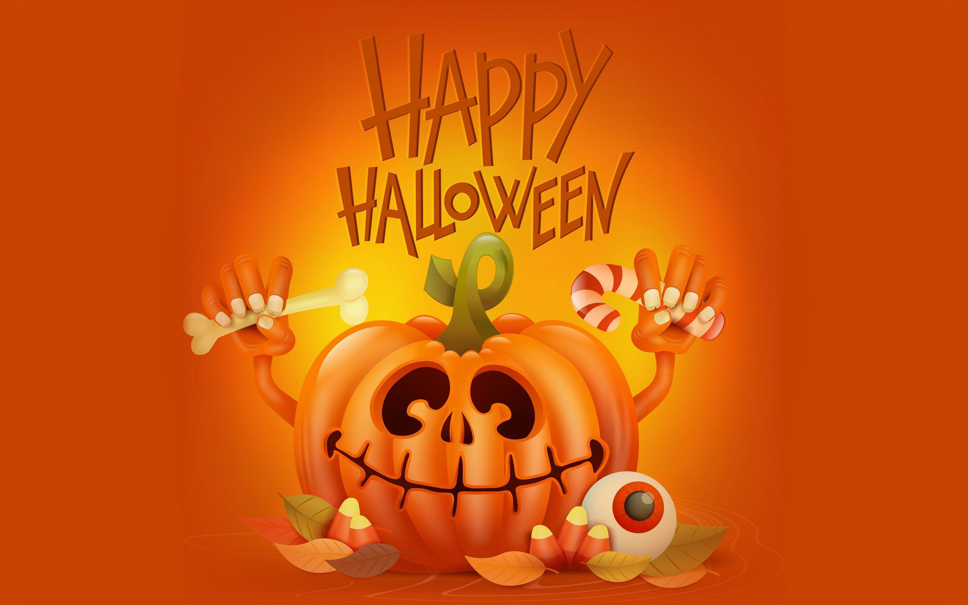 3840x2400 Download wallpaper 4k, Halloween, pumpkin, minimal, Happy Halloween, orange background for desktop with resolution 3840x2400. High Quality HD picture wallpaper
