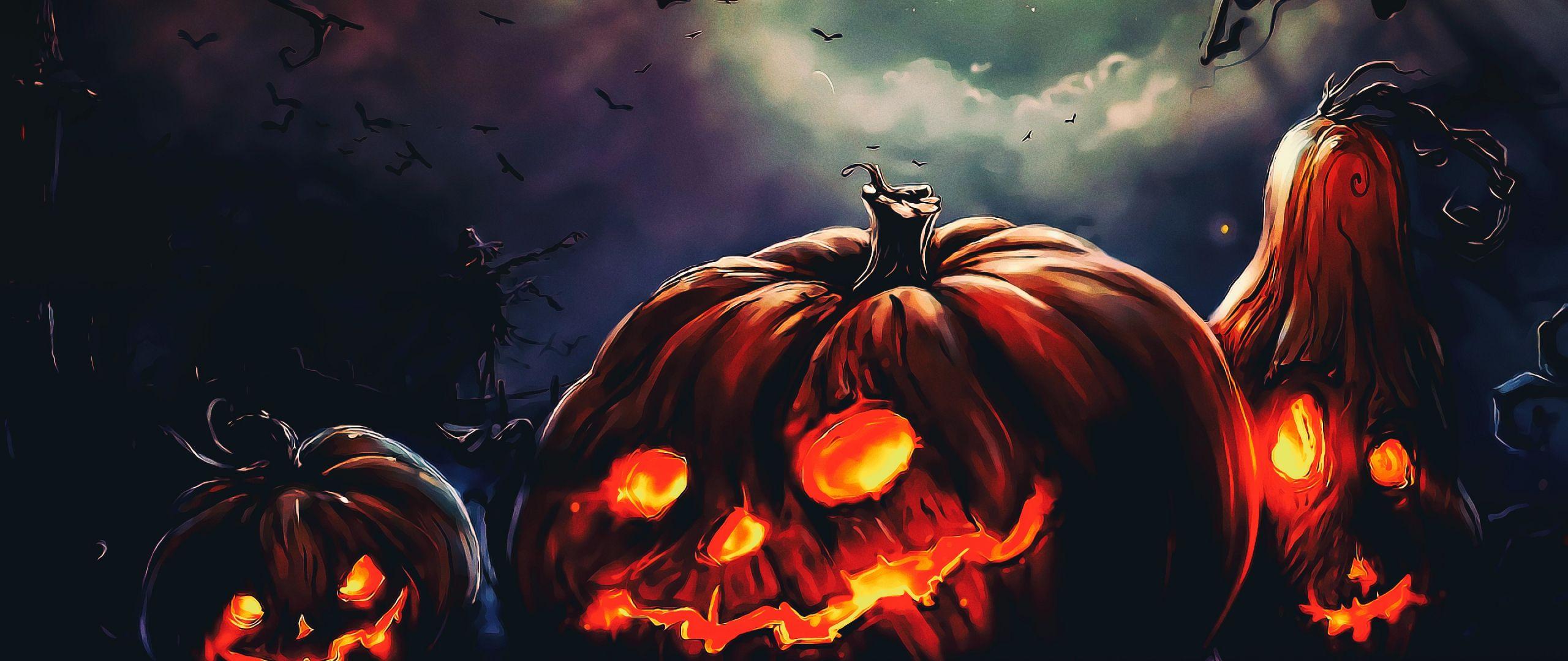 2560x1080 Desktop Wallpaper Halloween, Pumpkin, Scary Night, Fantasy Art, HD Image, Picture, Background, P 9e1m